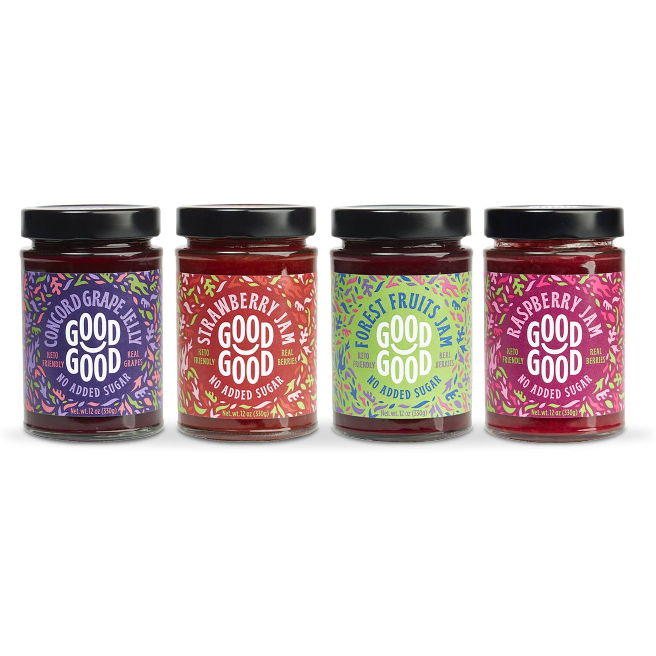 Good Good No Added Sugar Fruit Jam Variety Pack Of 4 - Keto Friendly Jelly - Strawberry, Concord Grape, Forest Fruits And Raspberry Jam - Low Carb, Low-Calorie And Vegan - 12Oz / 330G Jars