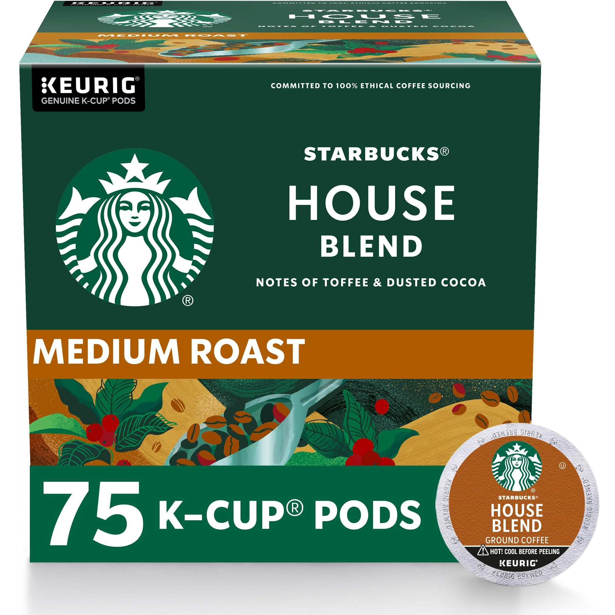 Starbucks K-Cup Coffee Pods, Medium Roast, House Blend For Keurig Coffee Makers, 100% Arabica, 1 Box (75 Pods)