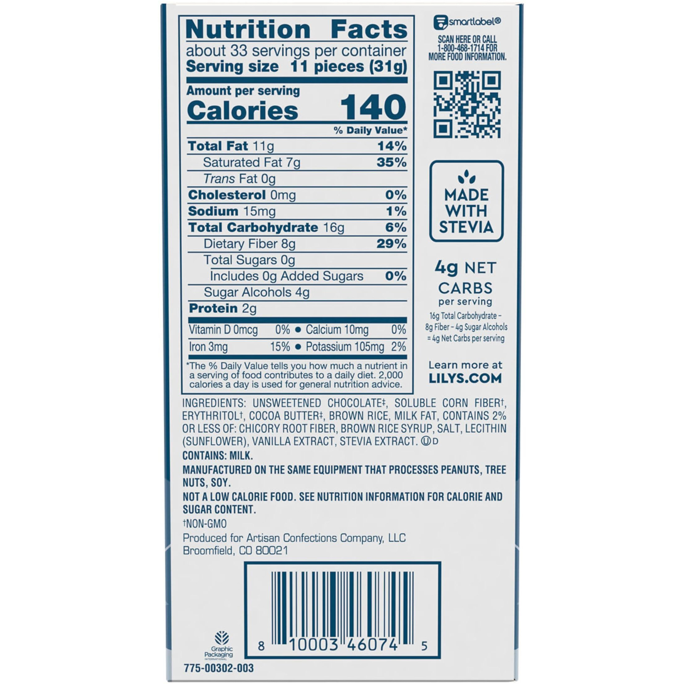 Lily's Crispy Rice Dark Chocolate Style No Sugar Added, Sweets Bars, 3 Oz (12 Count)