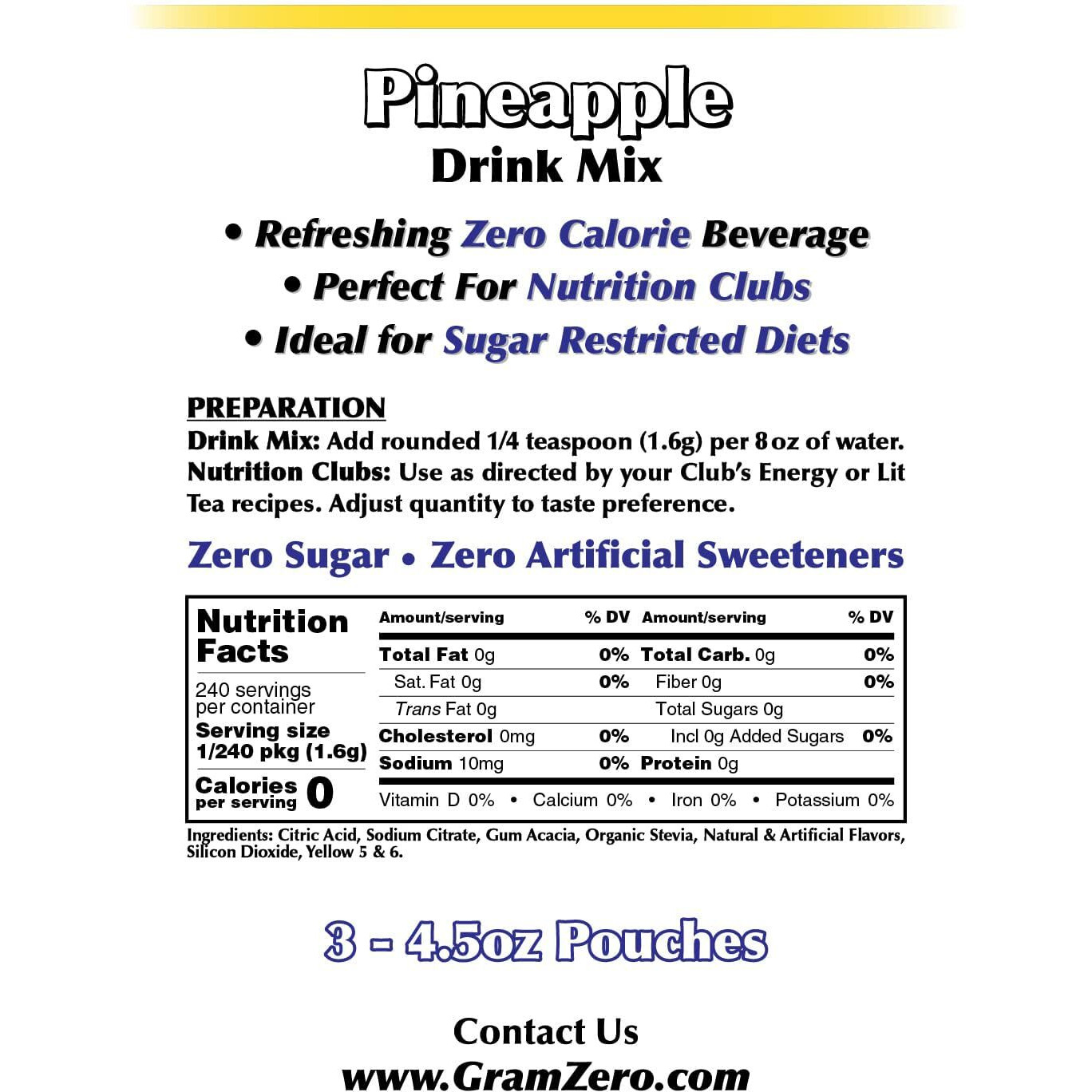 Gramzero Pineapple Zero Calorie Sugar Free Drink Mix, Great For Nutrition Club Loaded Teas, Stevia Sweetened