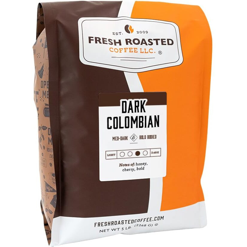 Fresh Roasted Coffee,100% Dark Colombian, 5 Lb (80 Oz), Med-Dark Roast, Whole Bean, Kosher