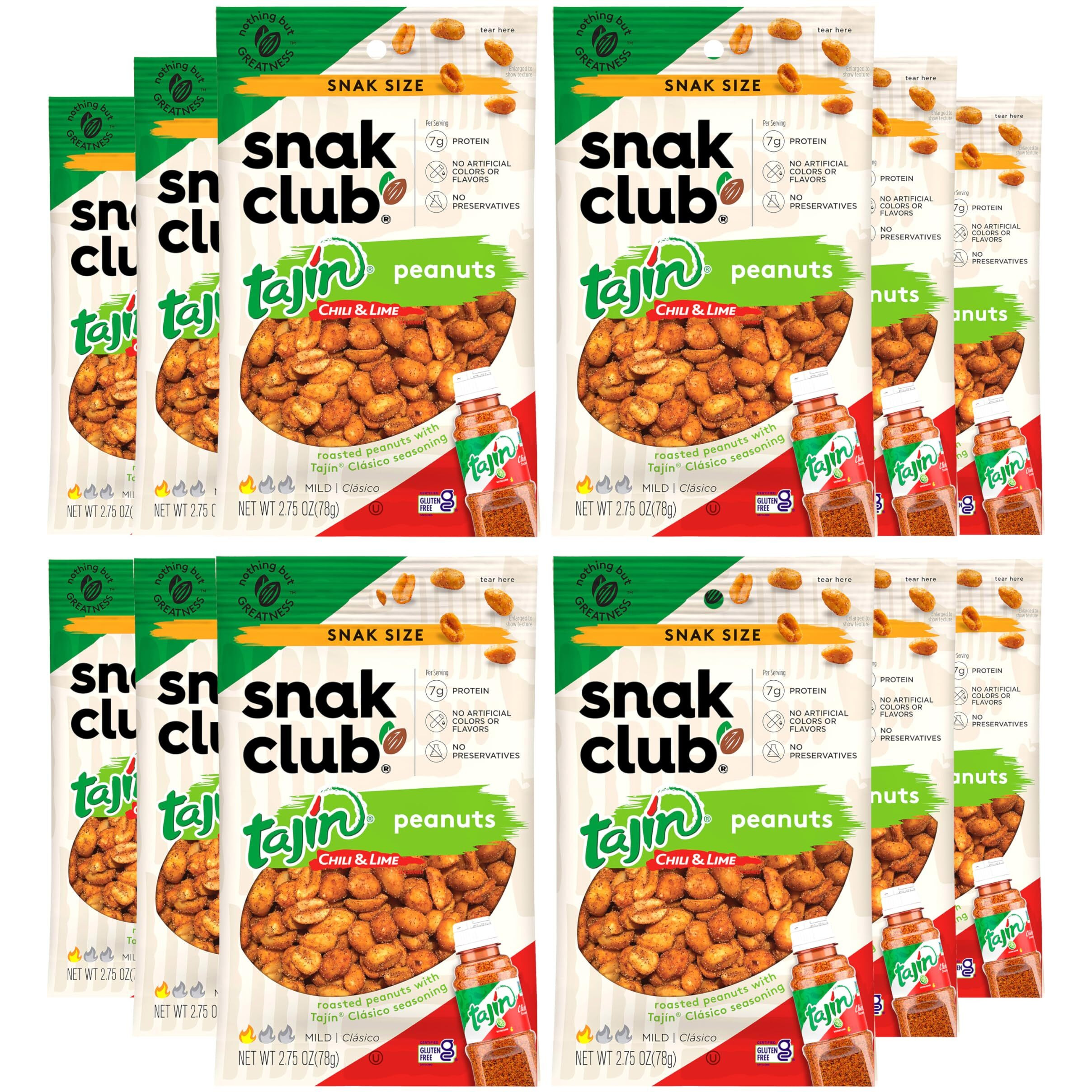 Snak Club Tajin Peanuts, Roasted Nuts With Chili And Lime Seasoning, Mild, Gluten-Free, Kosher Snacks, No Artificial Colors Or Flavors, Low Cholesterol, 2.75 Oz Snack Bags, 12 Pack