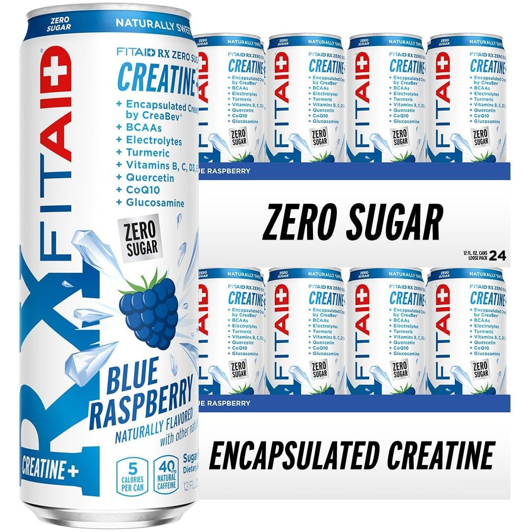 Fitaid Rx Zero Sugar, Encapsulated Creatine, Workout Recovery Drink, All-In-One Blend, Bcaas, Glucosamine, Turmeric, B-Complex, Electrolytes, Blue Raspberry, 12 Fl Oz (Pack Of 24)