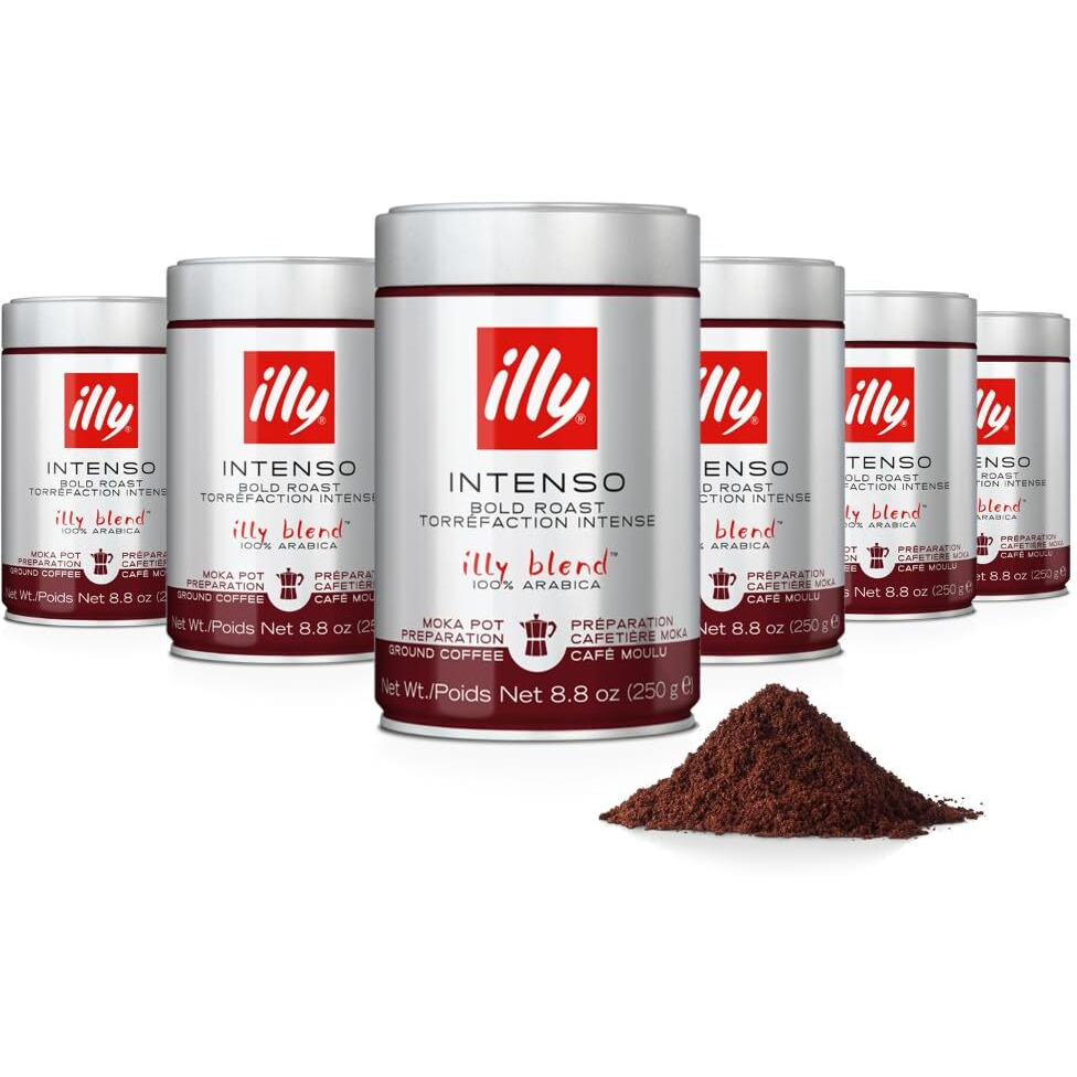 Illy Ground Coffee Moka - 100% Arabica Flavored Coffee Ground - Rich Aromatic Coffee Grounds Profile - Intenso Dark Roast - Warm Notes Of Cocoa & Dried Fruit - No Preservatives - 8.8 Ounce, 6 Pack