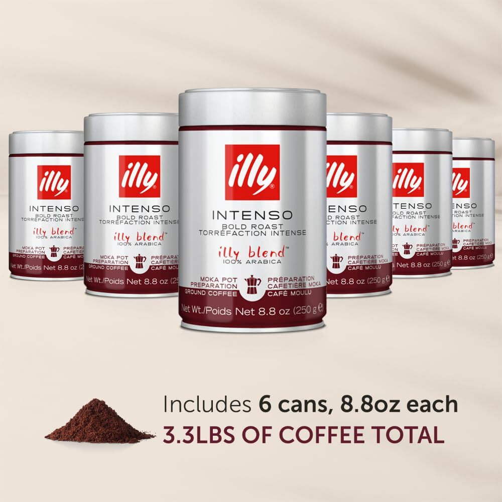 Illy Ground Coffee Moka - 100% Arabica Flavored Coffee Ground - Rich Aromatic Coffee Grounds Profile - Intenso Dark Roast - Warm Notes Of Cocoa & Dried Fruit - No Preservatives - 8.8 Ounce, 6 Pack