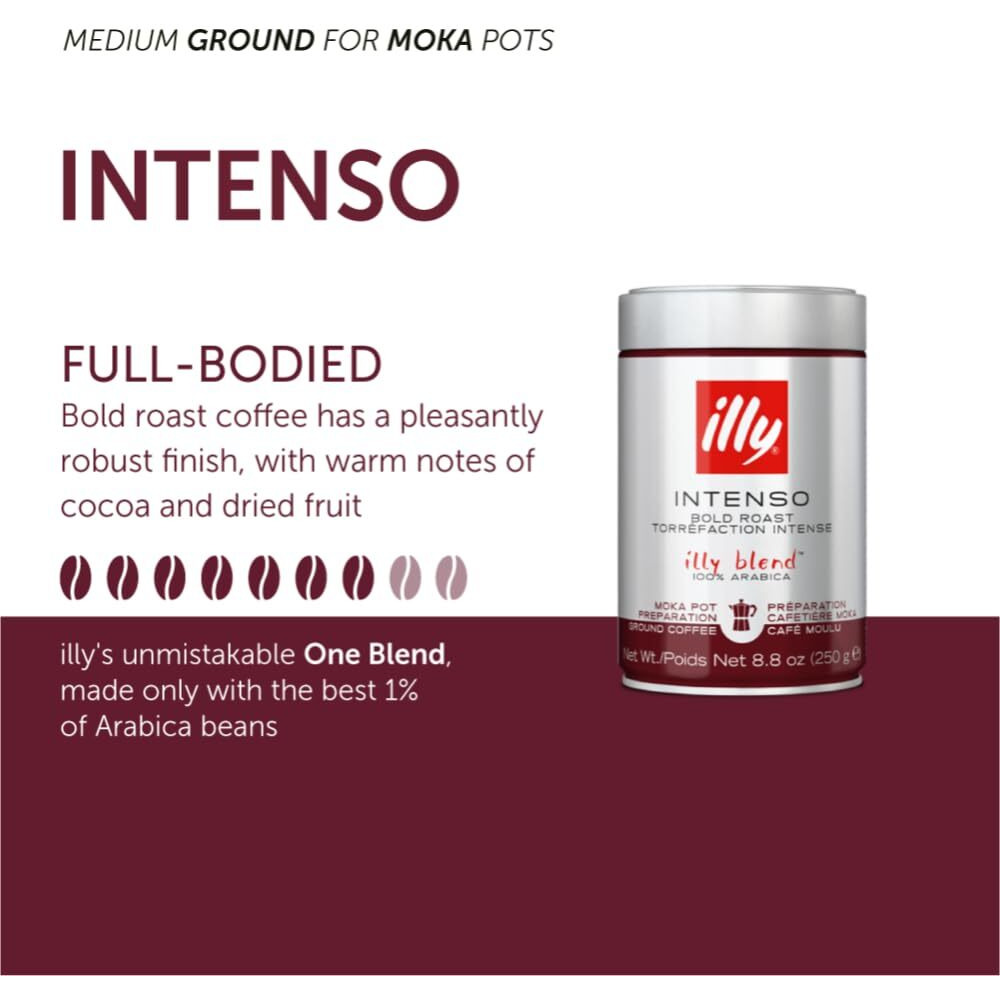 Illy Ground Coffee Moka - 100% Arabica Flavored Coffee Ground - Rich Aromatic Coffee Grounds Profile - Intenso Dark Roast - Warm Notes Of Cocoa & Dried Fruit - No Preservatives - 8.8 Ounce, 6 Pack