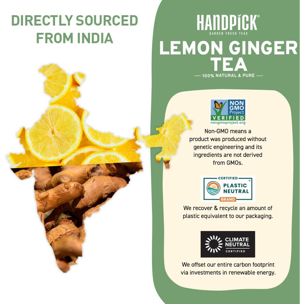 Handpick, Lemon Ginger Herbal Tea, Eco-Conscious Tea Bags - 100 Pyramid Tea Bags | 100% Natural Ingredients, Hand-Made Blend Of Lemon & Ginger | Caffeine Free, Gluten Free | No Artificial Ingredients
