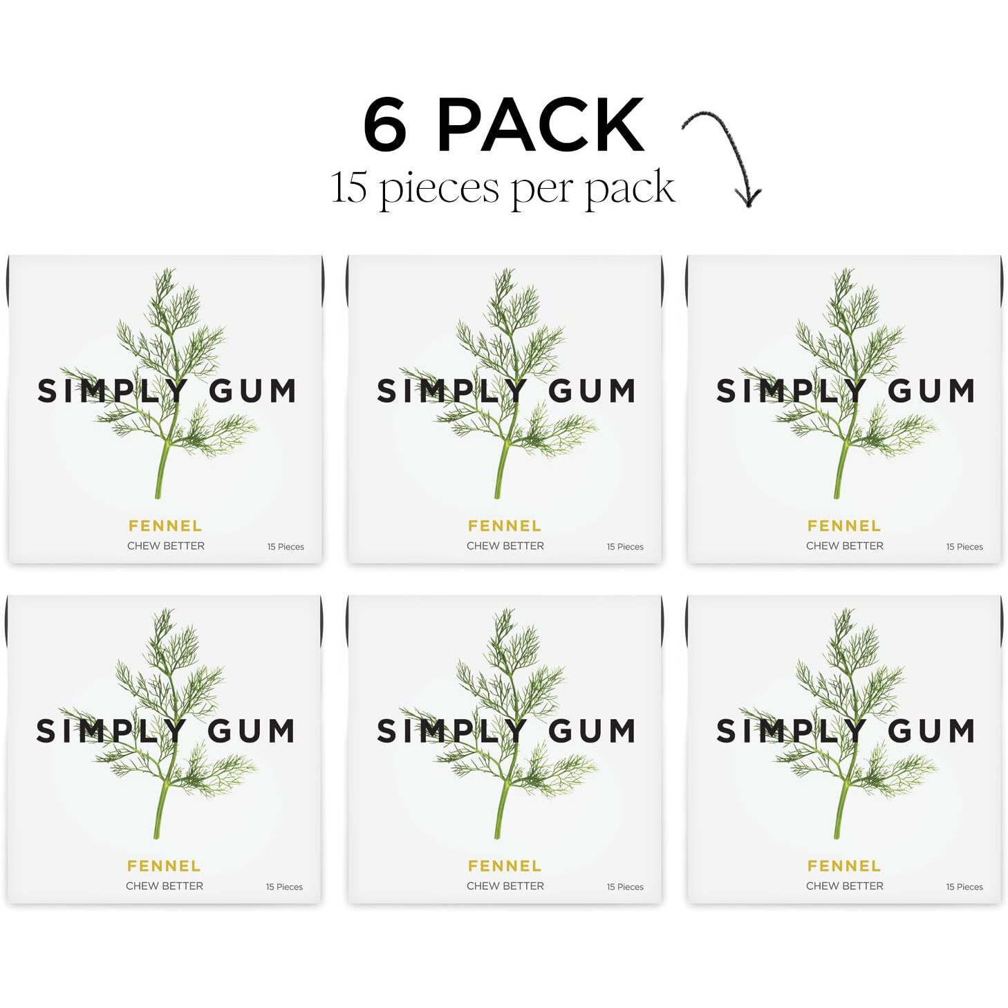 Simply Gum | Fennel | Plant- Based Chewing Gum | Pack Of Six (90 Pieces Total) | Synthetic Plastic Free + Aspartame Free + Non Gmo