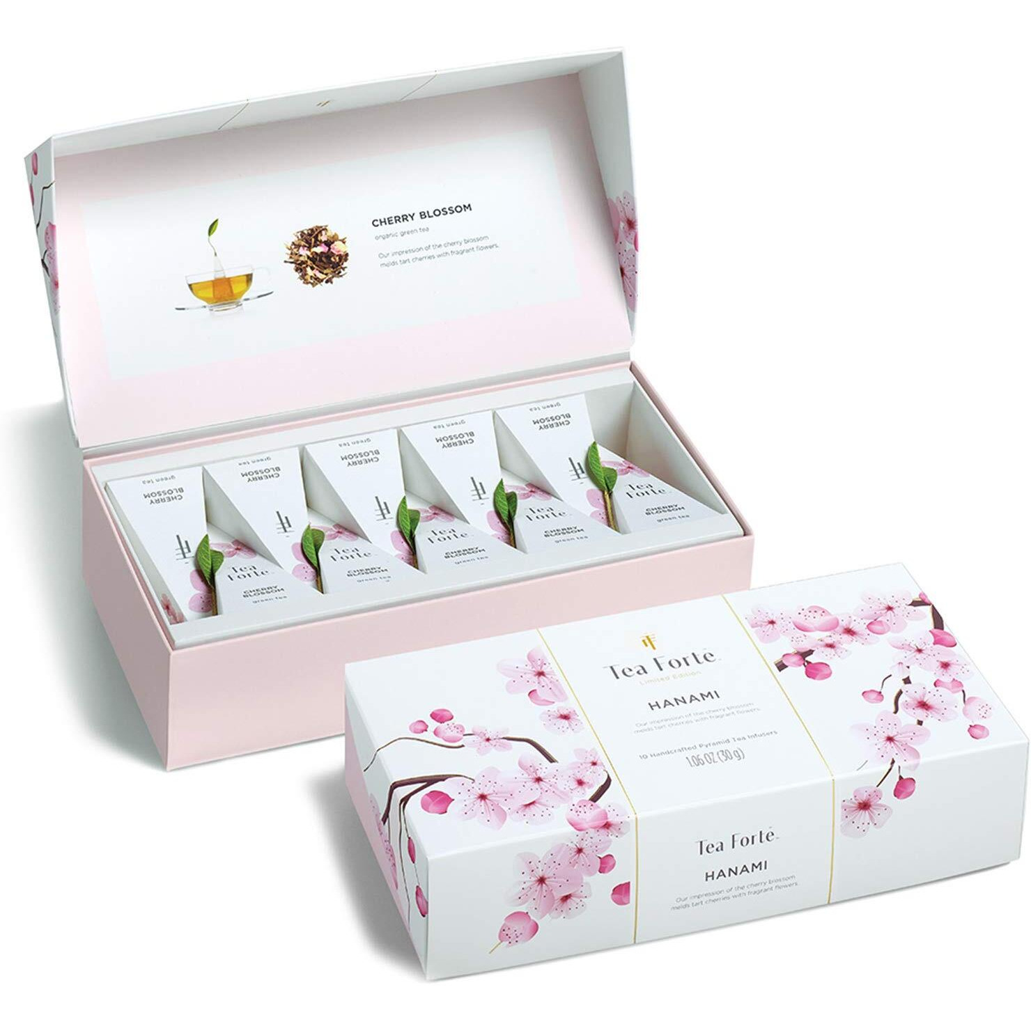 Tea Forte Cherry Blossom Organic Green Tea, Petite Presentation Box Tea Sampler Gift Set With 10 Handcrafted Pyramid Tea Infusers