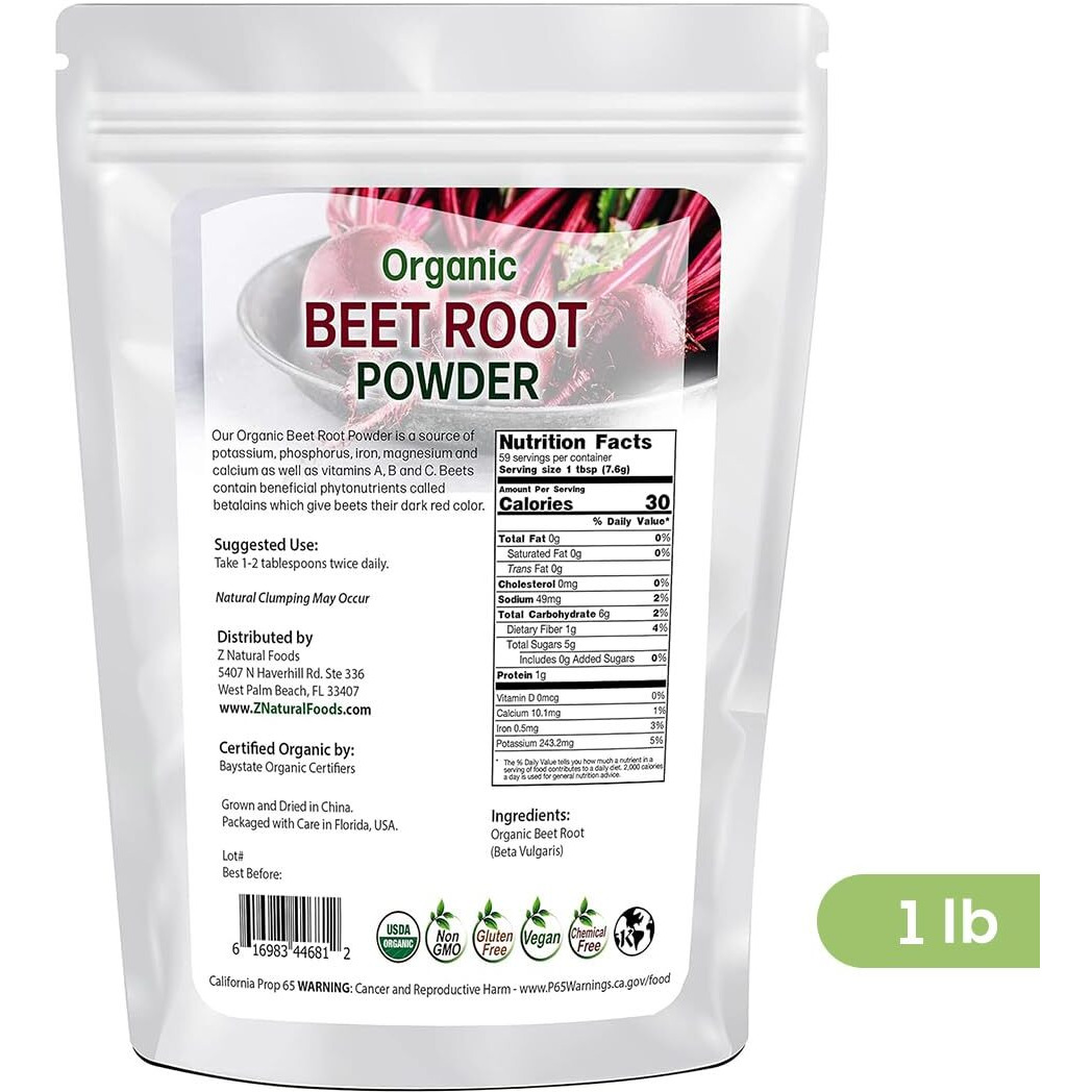 Z Natural Foods Organic Beetroot Powder, Nutrient-Packed Red Superfood Powder, Perfect For Smoothies, Juice, Drinks, And Recipes, Vegan, Non-Gmo, Gluten-Free, 1 Lb