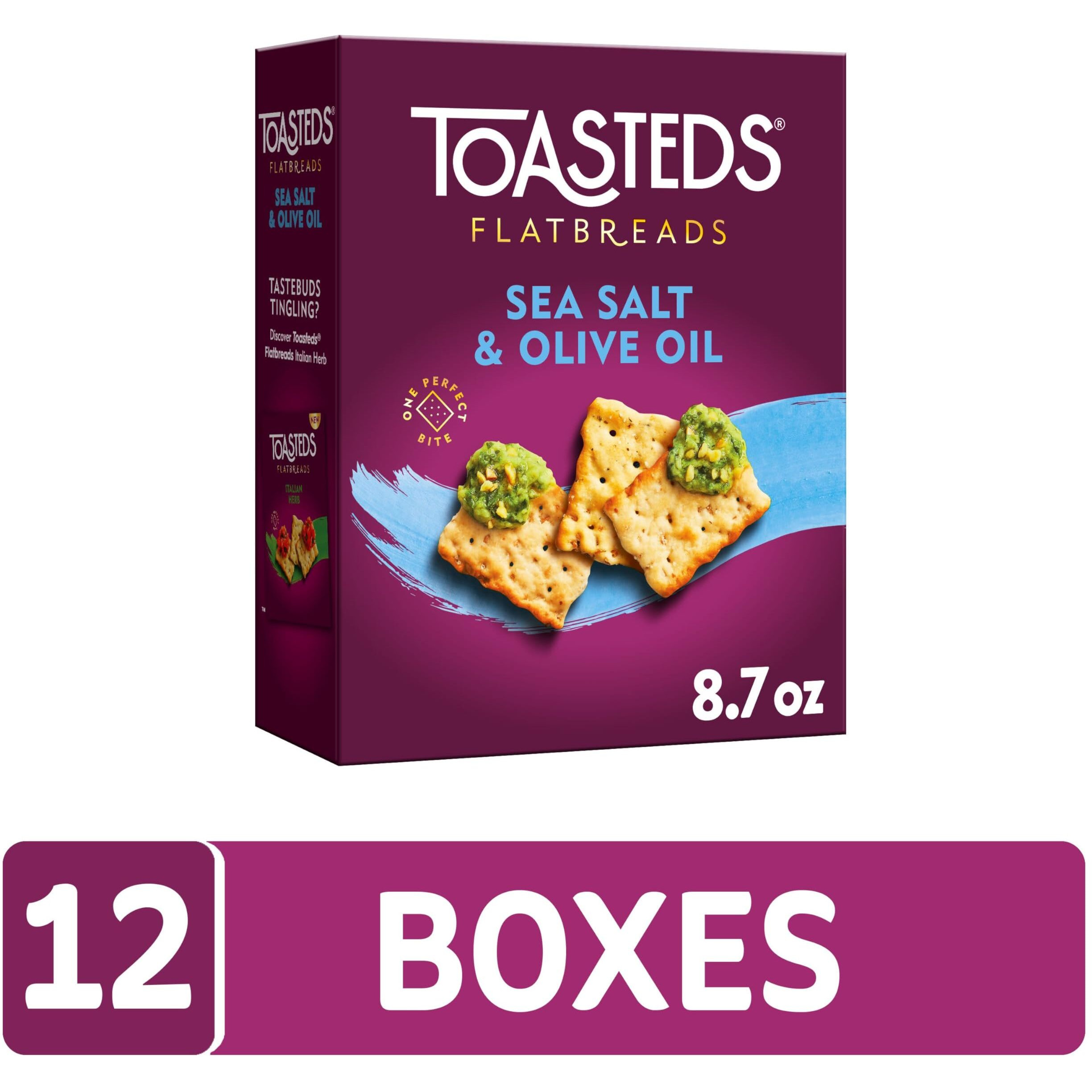 Toasteds Flatbreads Crackers, Party Snacks, Lunch Snacks, Sea Salt And Olive Oil (12 Boxes)
