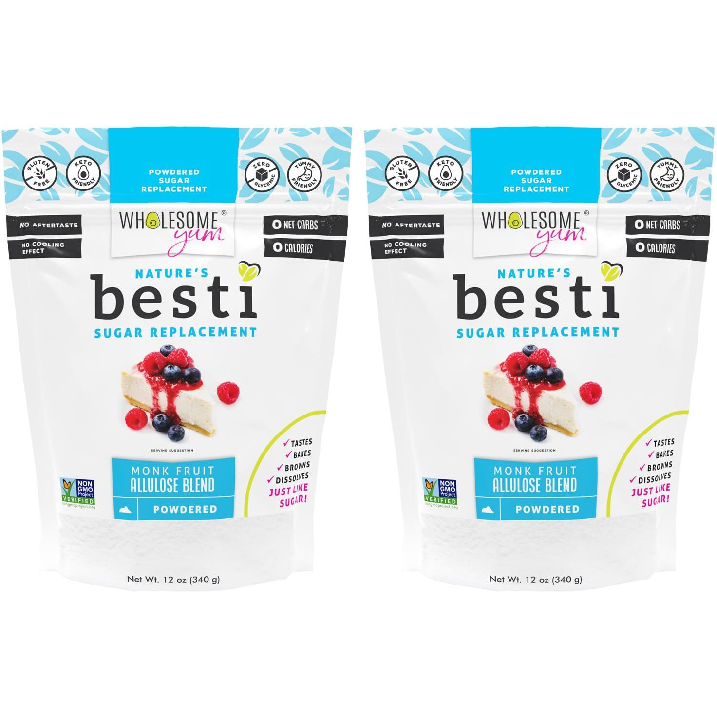 Wholesome Yum Besti Natural Powdered Sugar Substitute - Keto Confectioners Monk Fruit Sweetener Blend With Allulose (No Erythritol) - Non Gmo, Zero Carb, Zero Calorie, No Aftertaste (12 Oz, 2 Pack)