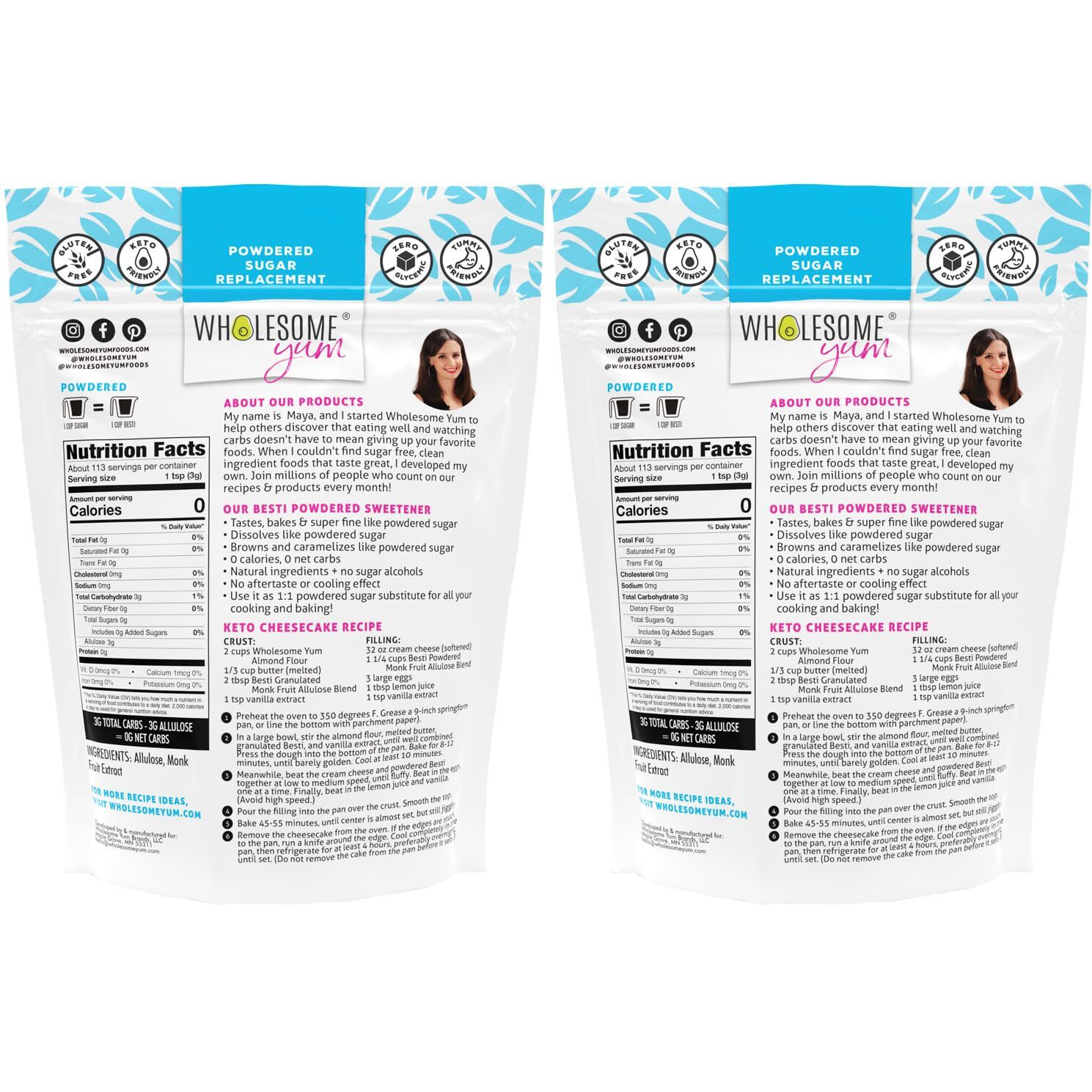 Wholesome Yum Besti Natural Powdered Sugar Substitute - Keto Confectioners Monk Fruit Sweetener Blend With Allulose (No Erythritol) - Non Gmo, Zero Carb, Zero Calorie, No Aftertaste (12 Oz, 2 Pack)