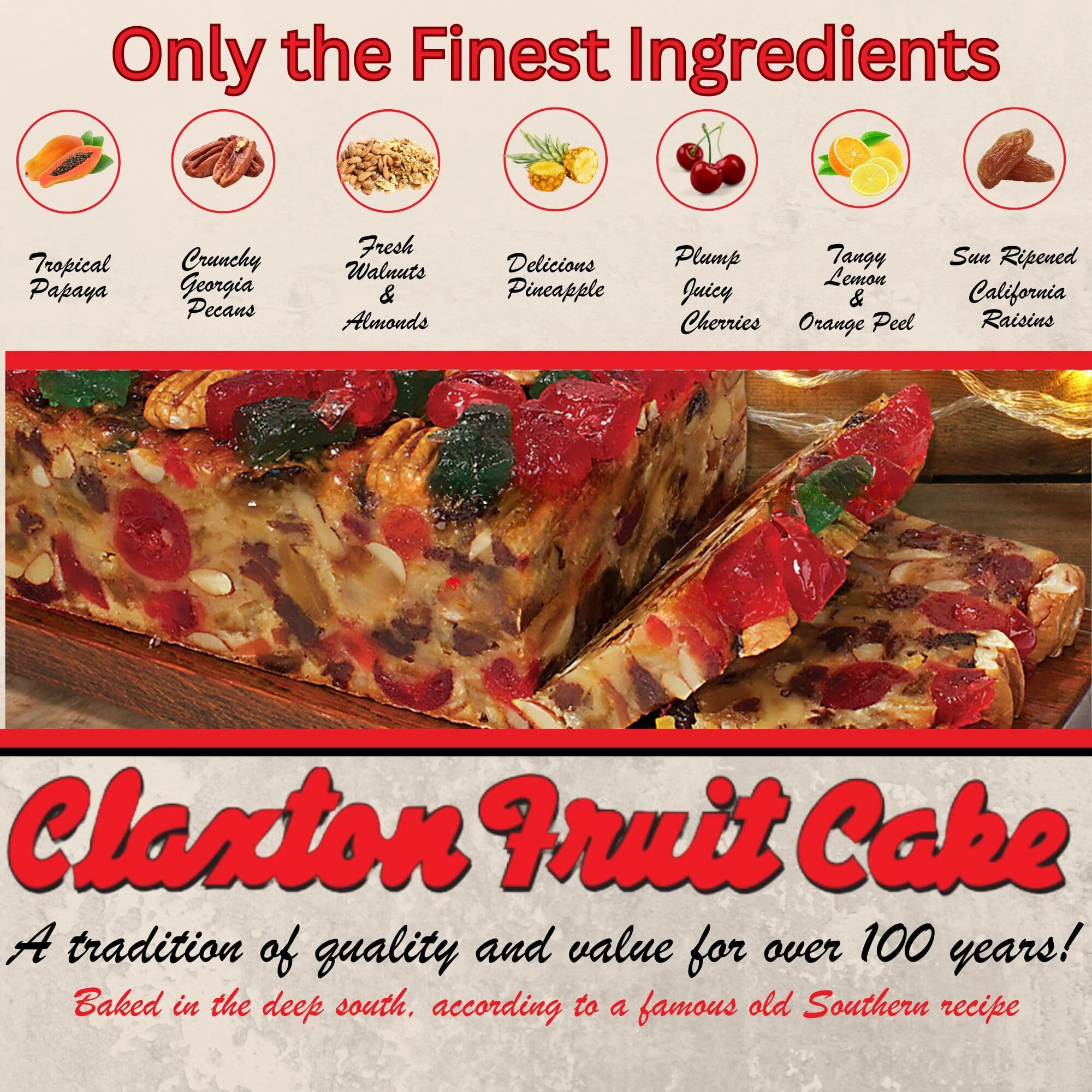 Old Fashion Claxton Fruit Cake - 5-1 Lb. Dark Recipe - Each Cake Individually Wrapped For Freshness In Our Signature Claxton Carton