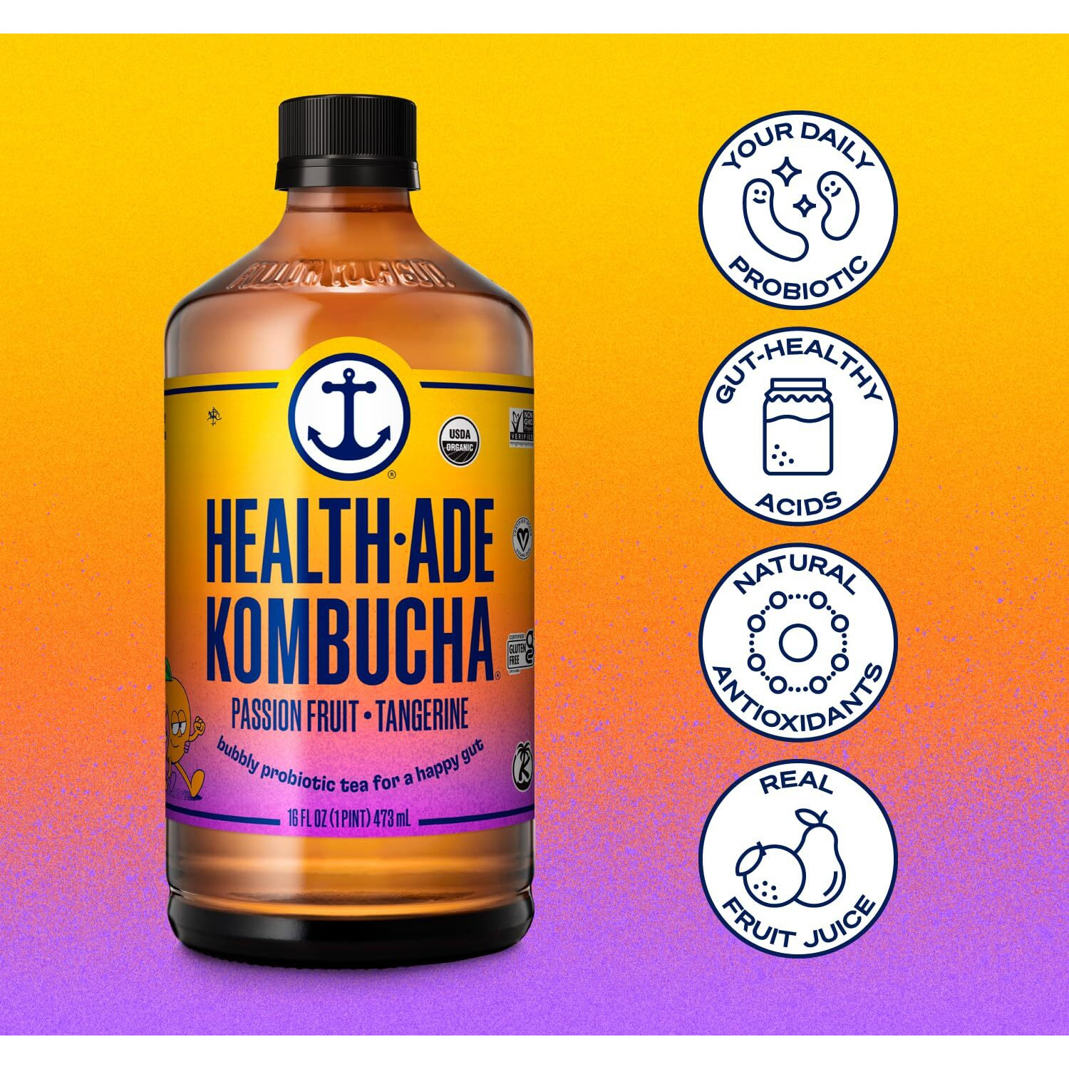 Health-Ade Kombucha Tea Organic Drink, Fermented Tea With Living Probiotics, Detoxifying Acids, Supports Gut Health, Non-Gmo, Vegan, Gluten Free, 12 Pack (16 Fl Oz Bottles), Passion Fruit Tangerine