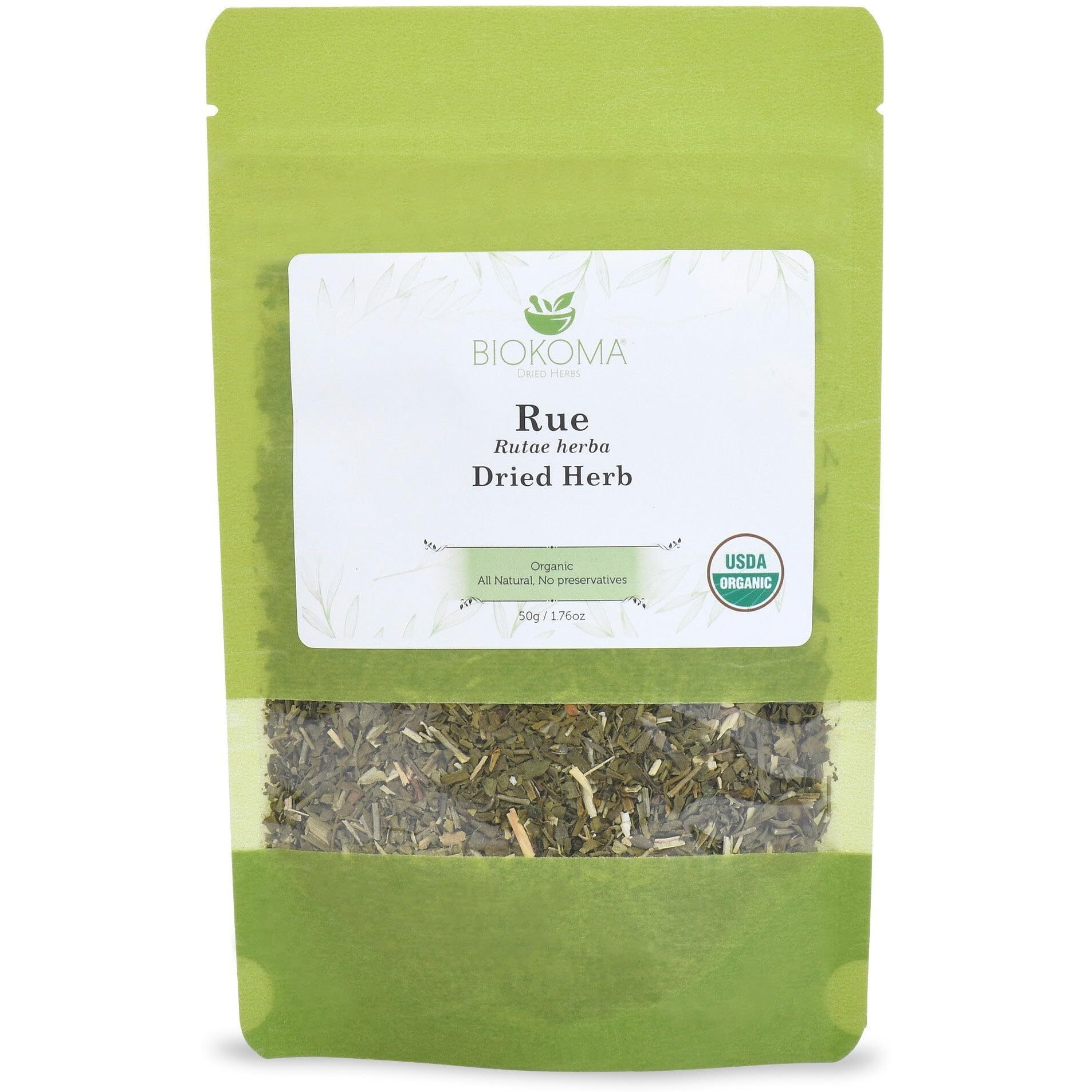 Pure And Organic Biokoma Rue Dried Herb - Natural Herbal Tea In Resealable Pack Moisture Proof Pouch - 50G