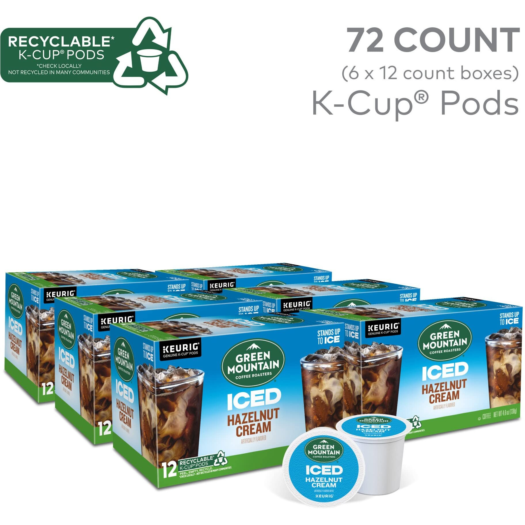 Green Mountain Coffee Roasters Iced Hazelnut Cream, Single Serve Keurig K-Cup Pods, Flavored Iced Coffee, 72 Count (6 Packs Of 12)
