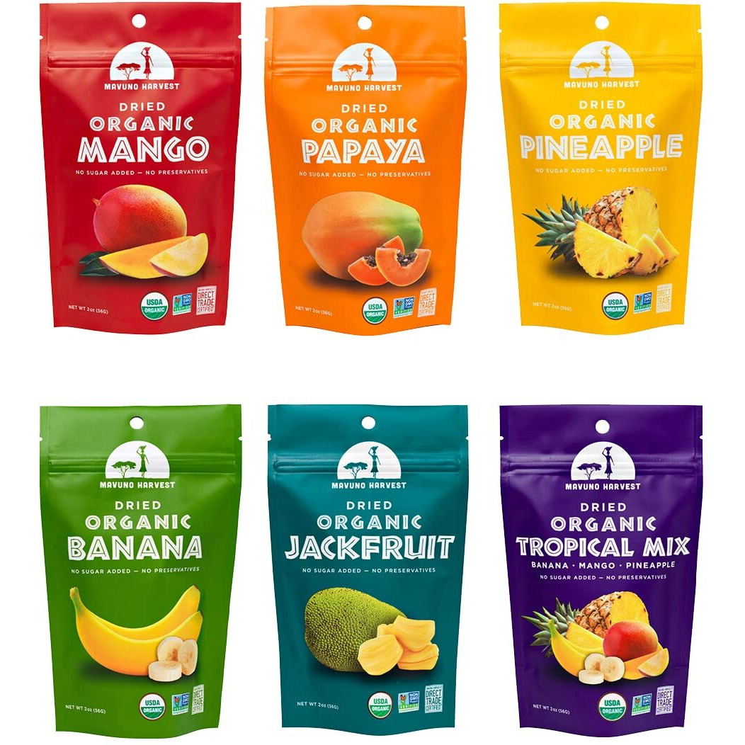 Mavuno Harvest Organic Dried Fruit Variety Pack | Dried Mango, Papaya, Pineapple, Banana, Jackfruit, & Tropical Mix | Healthy, Vegan, No Sugar Added, Non Gmo Snacks For Kids & Adults | 2 Ounce, 6 Pack