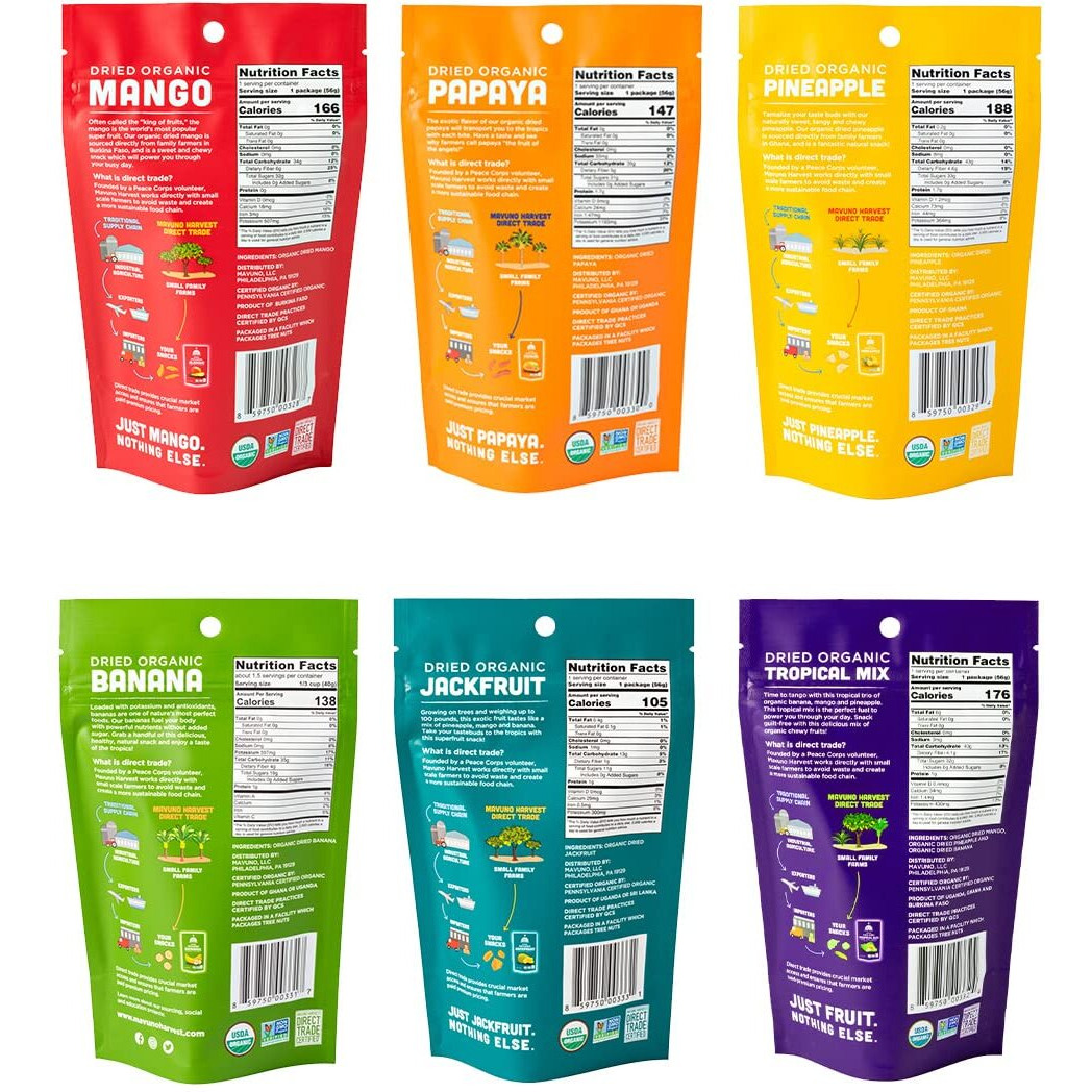 Mavuno Harvest Organic Dried Fruit Variety Pack | Dried Mango, Papaya, Pineapple, Banana, Jackfruit, & Tropical Mix | Healthy, Vegan, No Sugar Added, Non Gmo Snacks For Kids & Adults | 2 Ounce, 6 Pack