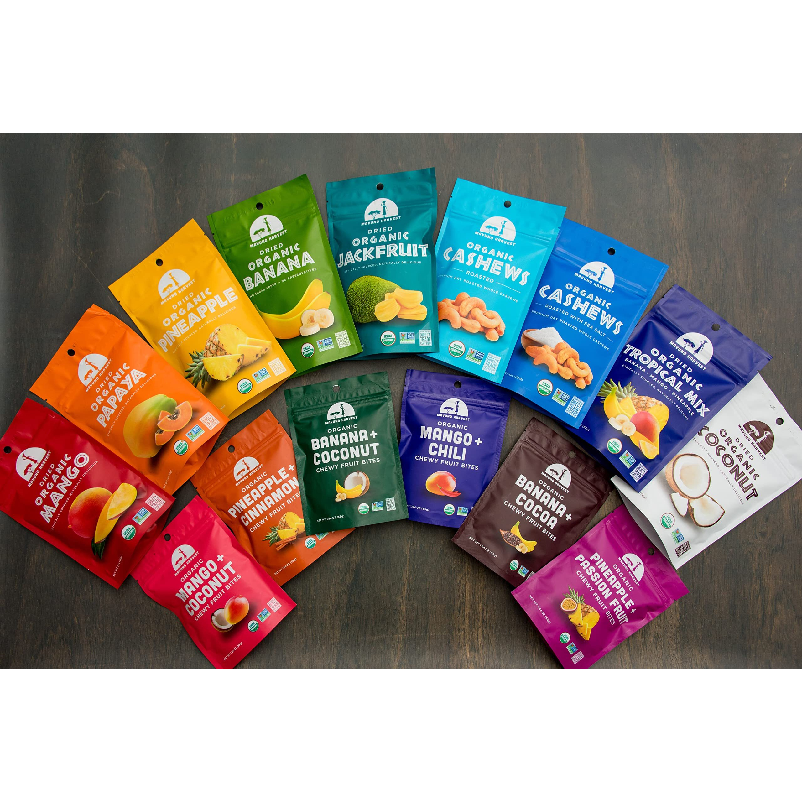 Mavuno Harvest Organic Dried Fruit Variety Pack | Dried Mango, Papaya, Pineapple, Banana, Jackfruit, & Tropical Mix | Healthy, Vegan, No Sugar Added, Non Gmo Snacks For Kids & Adults | 2 Ounce, 6 Pack