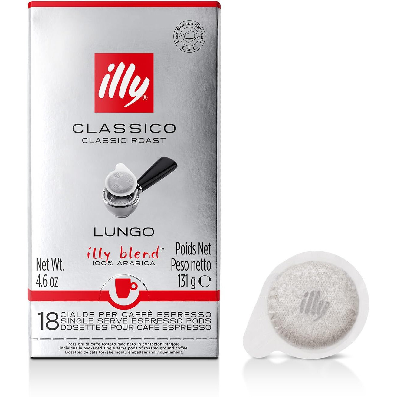 Illy E.S.E. Coffee - Single-Serve Coffee Capsules & Pods - Classico Lungo Medium Roast - Notes Of Caramel, Orange Blossom & Jasmine - For E.S.E Coffee Machines - Extraordinary Aroma & Body - 18 Count