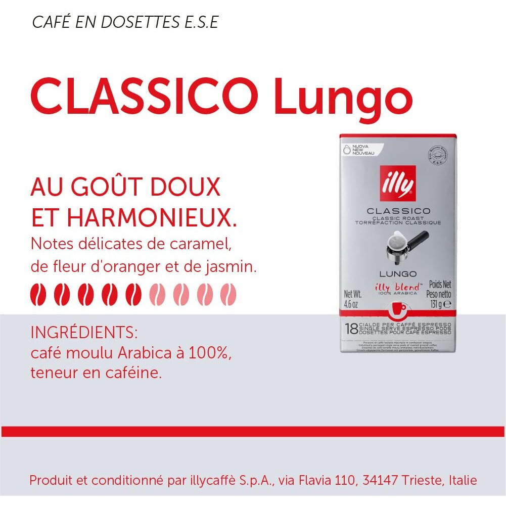Illy E.S.E. Coffee - Single-Serve Coffee Capsules & Pods - Classico Lungo Medium Roast - Notes Of Caramel, Orange Blossom & Jasmine - For E.S.E Coffee Machines - Extraordinary Aroma & Body - 18 Count