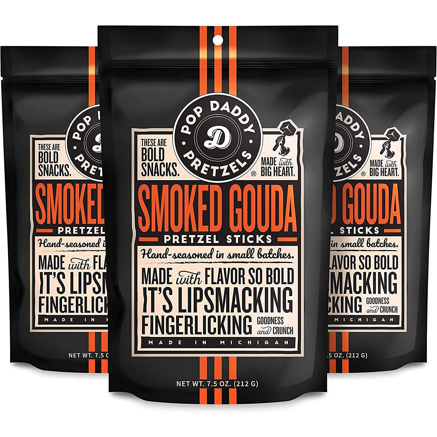 Pop Daddy Flavored Pretzels Sticks | Healthy Gourmet Pretzels Snacks | 7.5Oz Individual Bags | 3 Pack | Smoked Gouda