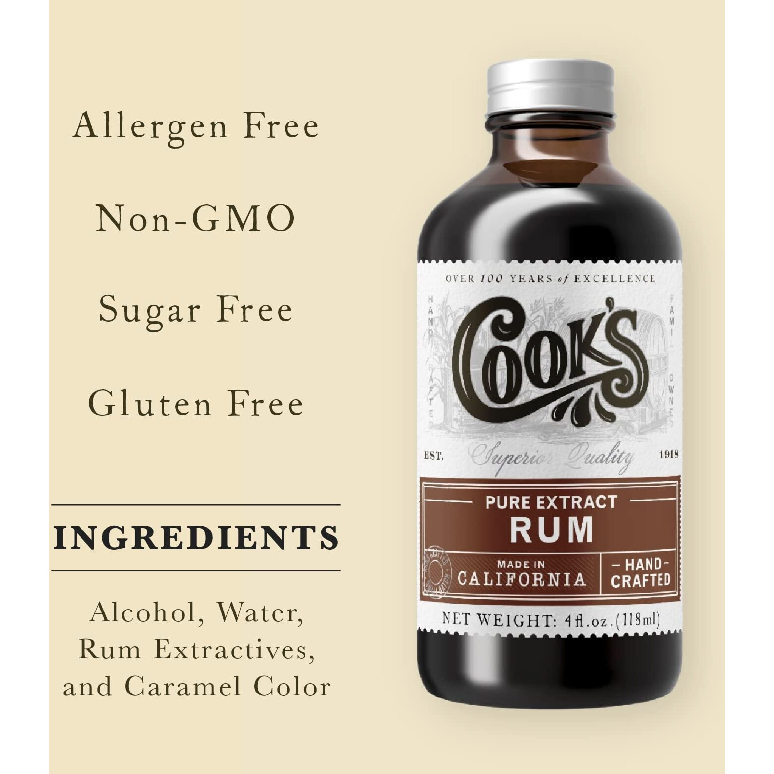 Cook's, Pure Rum Extract, For Baking, Ice Cream, Candies, Cakes, 8 Oz
