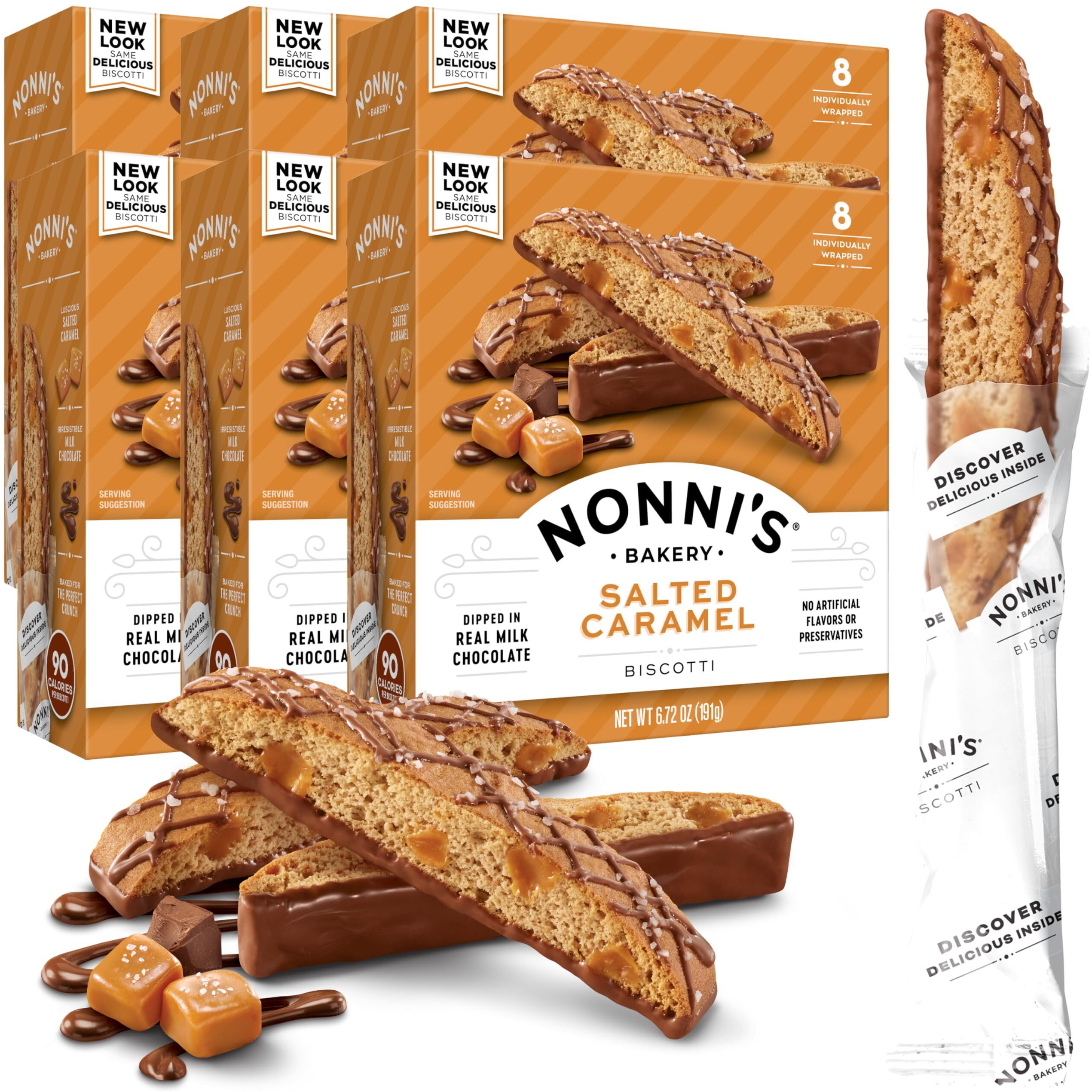 Nonni's Salted Caramel Biscotti Italian Cookies - 6 Boxes - Biscotti Individually Wrapped Cookies - Italian Biscotti Cookies W/Rich Milk Chocolate & Sea Salt - Kosher - 6.72 Oz