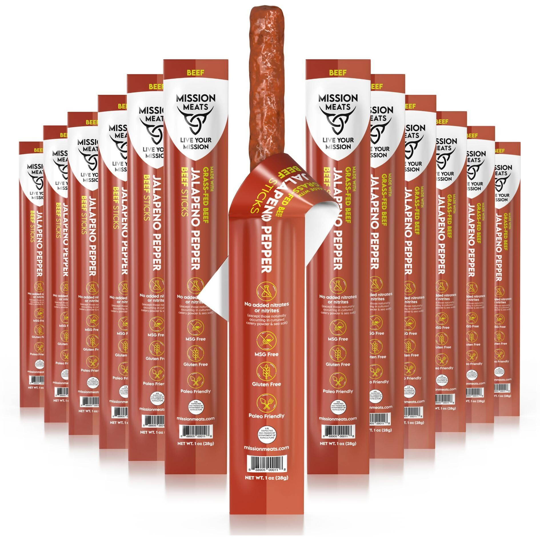 Mission Meats Grass Fed Beef Sticks - Sugar Free Beef Sticks, Gluten Free, Whole 30, Paleo, Keto Meat Sticks, Sugar Free Jerky Beef Sticks Individually Wrapped, 1Oz (Jalapeno, Pack Of 48)