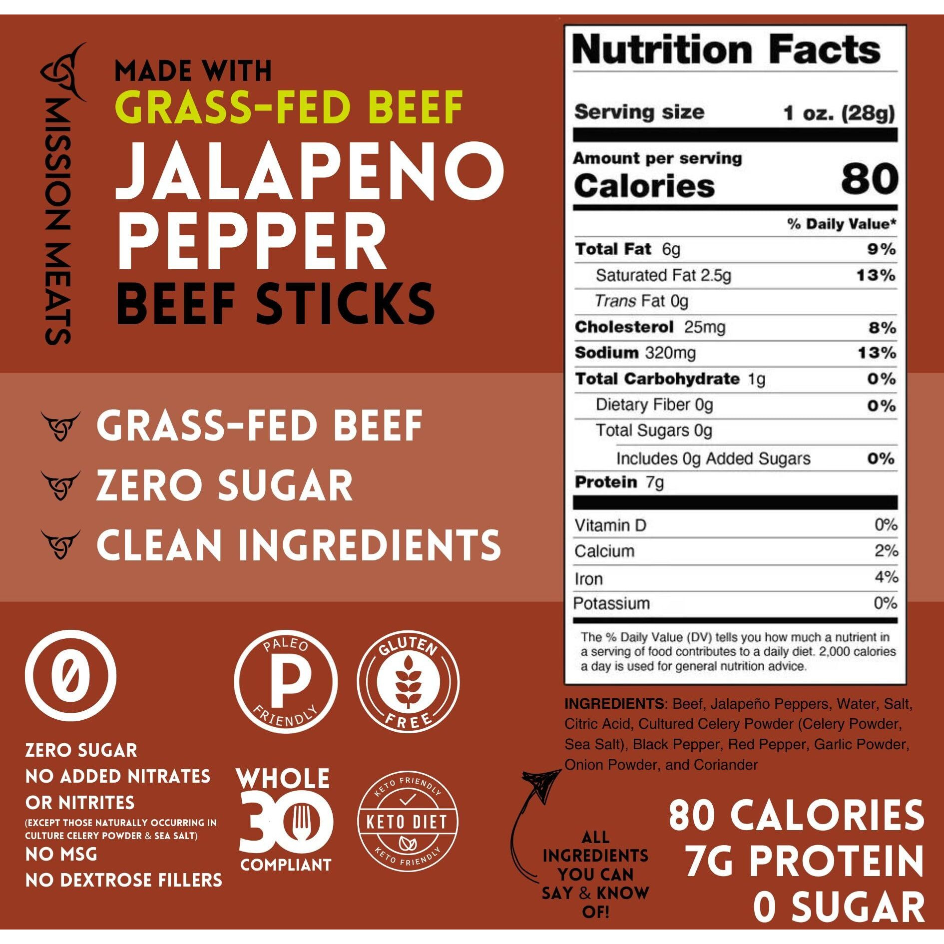 Mission Meats Grass Fed Beef Sticks - Sugar Free Beef Sticks, Gluten Free, Whole 30, Paleo, Keto Meat Sticks, Sugar Free Jerky Beef Sticks Individually Wrapped, 1Oz (Jalapeno, Pack Of 48)