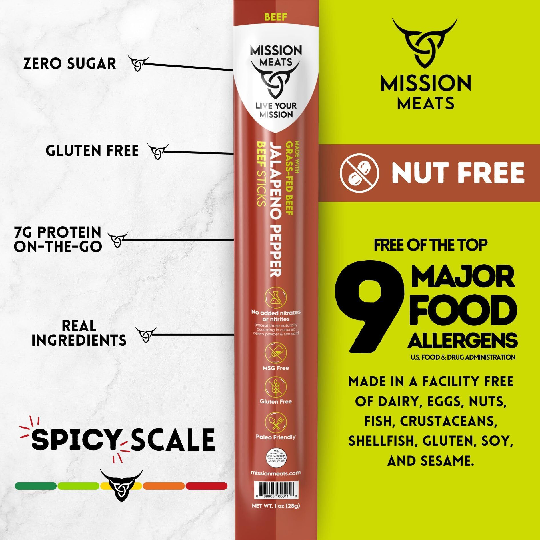 Mission Meats Grass Fed Beef Sticks - Sugar Free Beef Sticks, Gluten Free, Whole 30, Paleo, Keto Meat Sticks, Sugar Free Jerky Beef Sticks Individually Wrapped, 1Oz (Jalapeno, Pack Of 48)