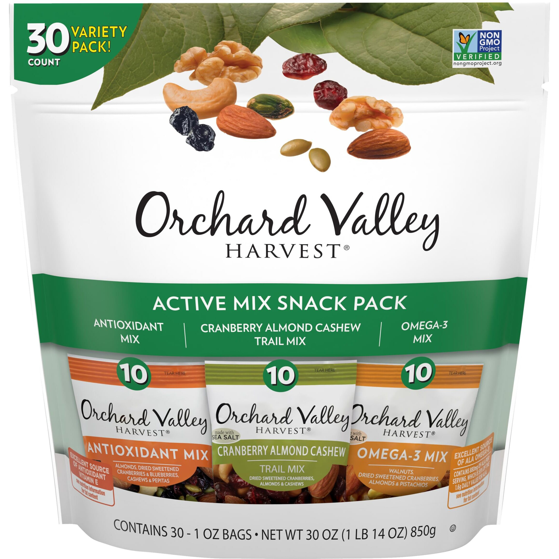 Orchard Valley Harvest Active Snack Pack Mix, 1Oz Bags (Variety Pack Of 30), Antioxidant Mix, Cranberry Almond Cashew, Omega-3 Trail Mix, Snacks For Adults And Kids, Gluten Free