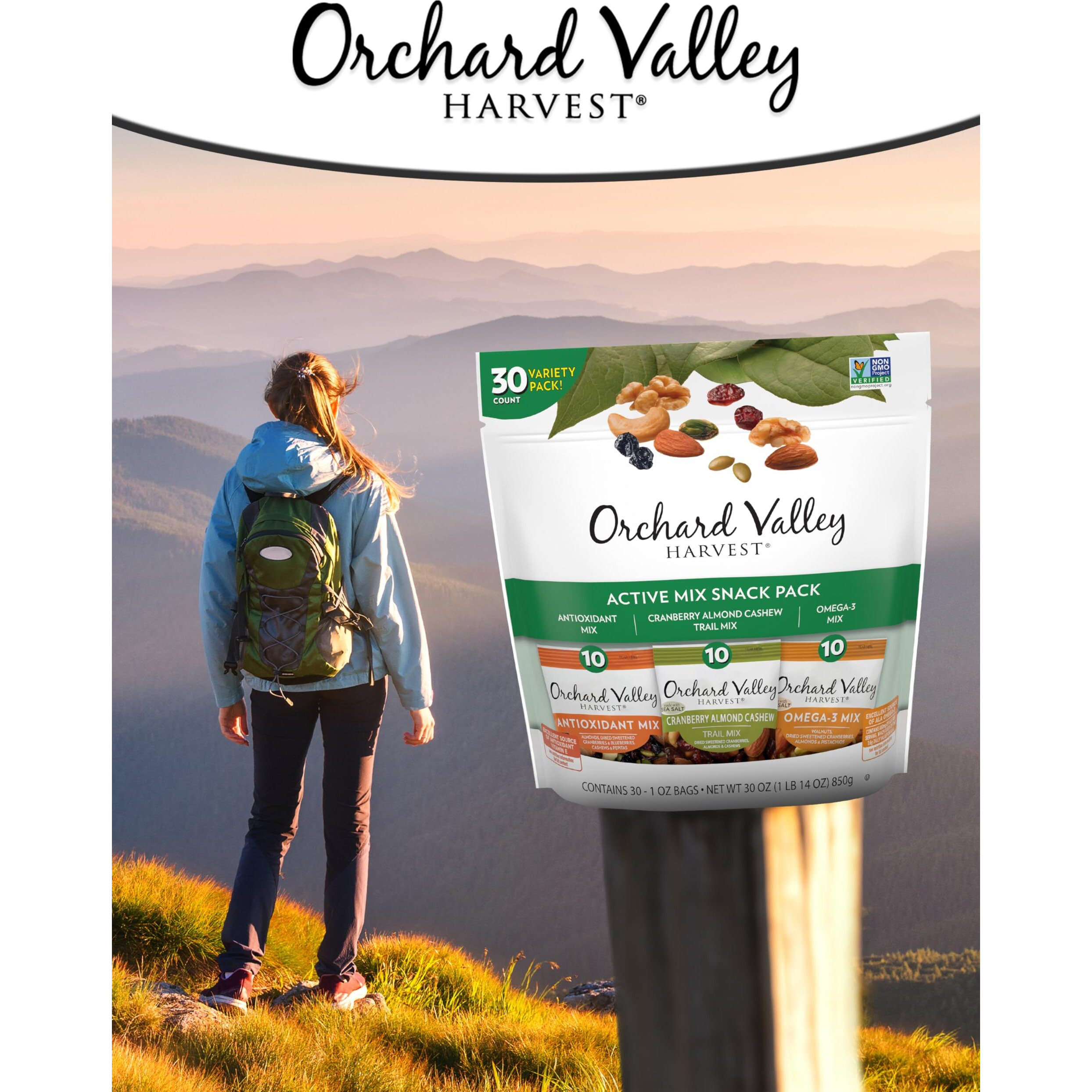 Orchard Valley Harvest Active Snack Pack Mix, 1Oz Bags (Variety Pack Of 30), Antioxidant Mix, Cranberry Almond Cashew, Omega-3 Trail Mix, Snacks For Adults And Kids, Gluten Free