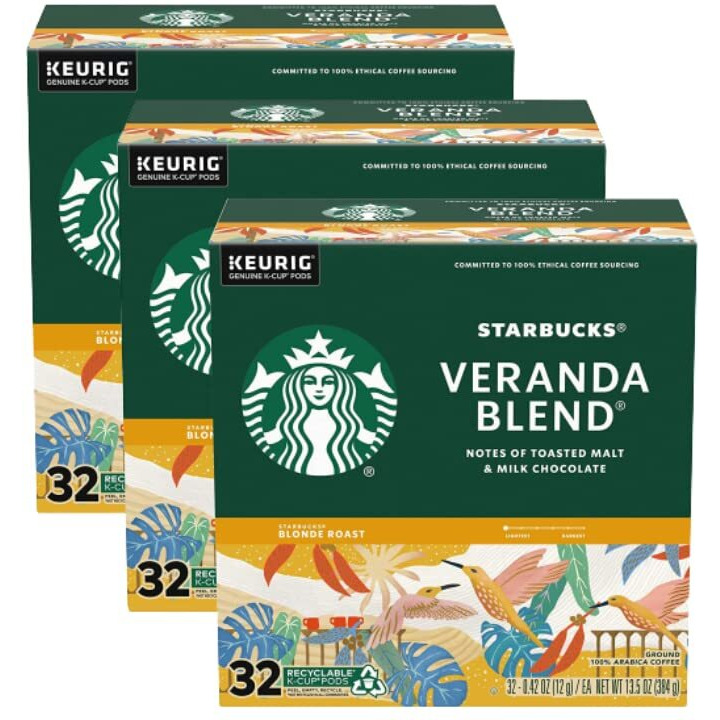 Starbucks Coffee K-Cup Pods, Veranda Blend, Blonde Roast Coffee, Notes Of Toasted Malt & Milk Chocolate, Keurig Genuine K-Cup Pods, 32 Ct K-Cups/Box (Pack Of 3 Box)