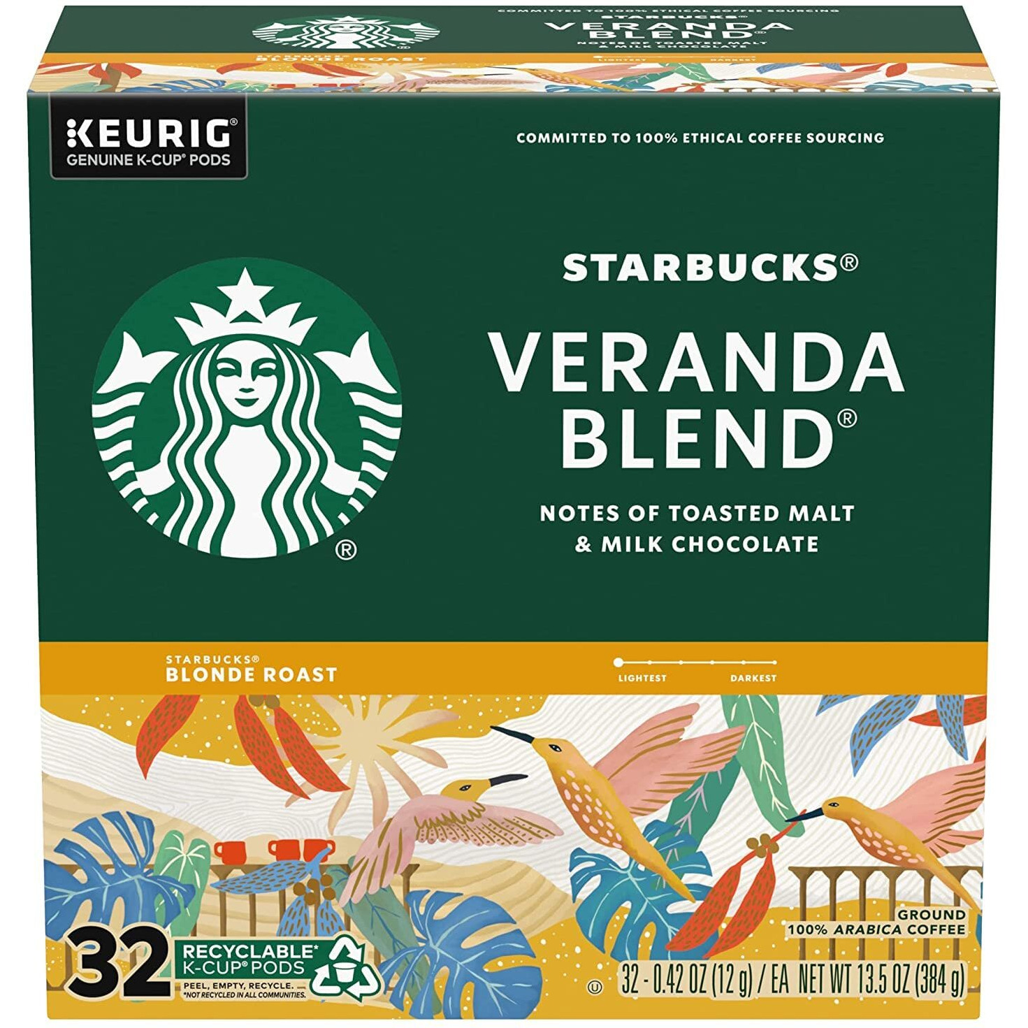 Starbucks Coffee K-Cup Pods, Veranda Blend, Blonde Roast Coffee, Notes Of Toasted Malt & Milk Chocolate, Keurig Genuine K-Cup Pods, 32 Ct K-Cups/Box (Pack Of 3 Box)