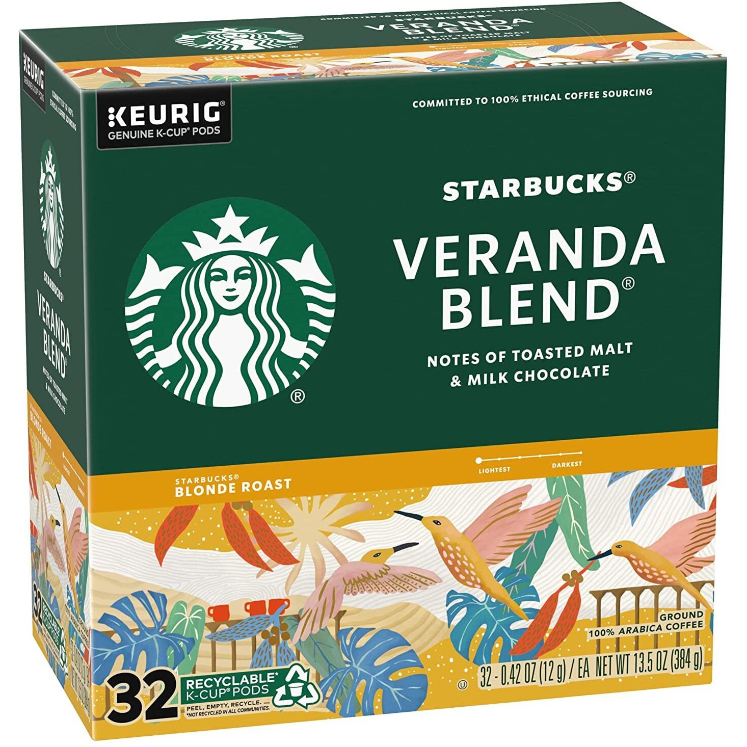 Starbucks Coffee K-Cup Pods, Veranda Blend, Blonde Roast Coffee, Notes Of Toasted Malt & Milk Chocolate, Keurig Genuine K-Cup Pods, 32 Ct K-Cups/Box (Pack Of 3 Box)