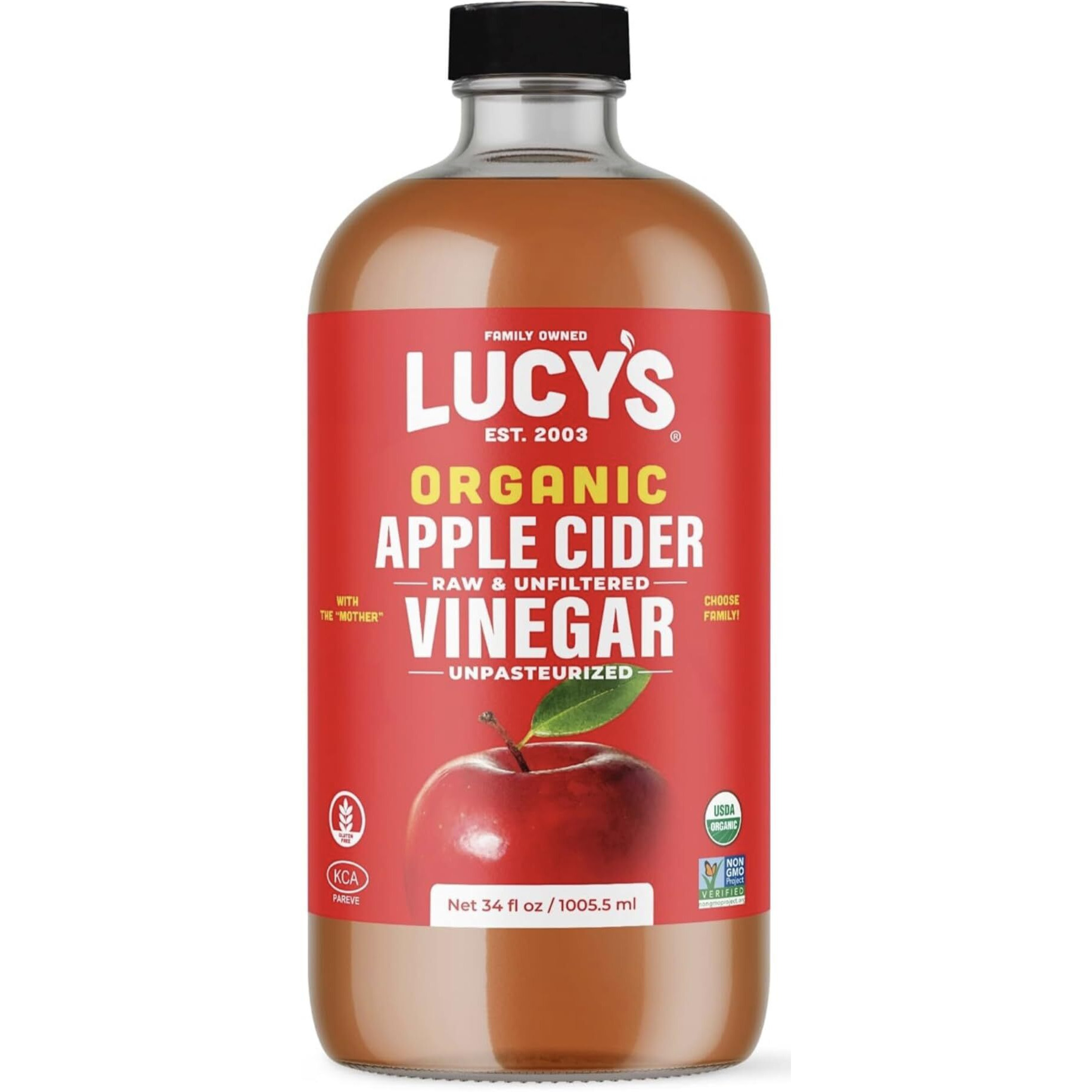Lucy's Family Owned - Usda Organic Nongmo Raw Apple Cider Vinegar, Unfiltered, Unpasteurized, With The Mother, 34Oz Glass Bottle