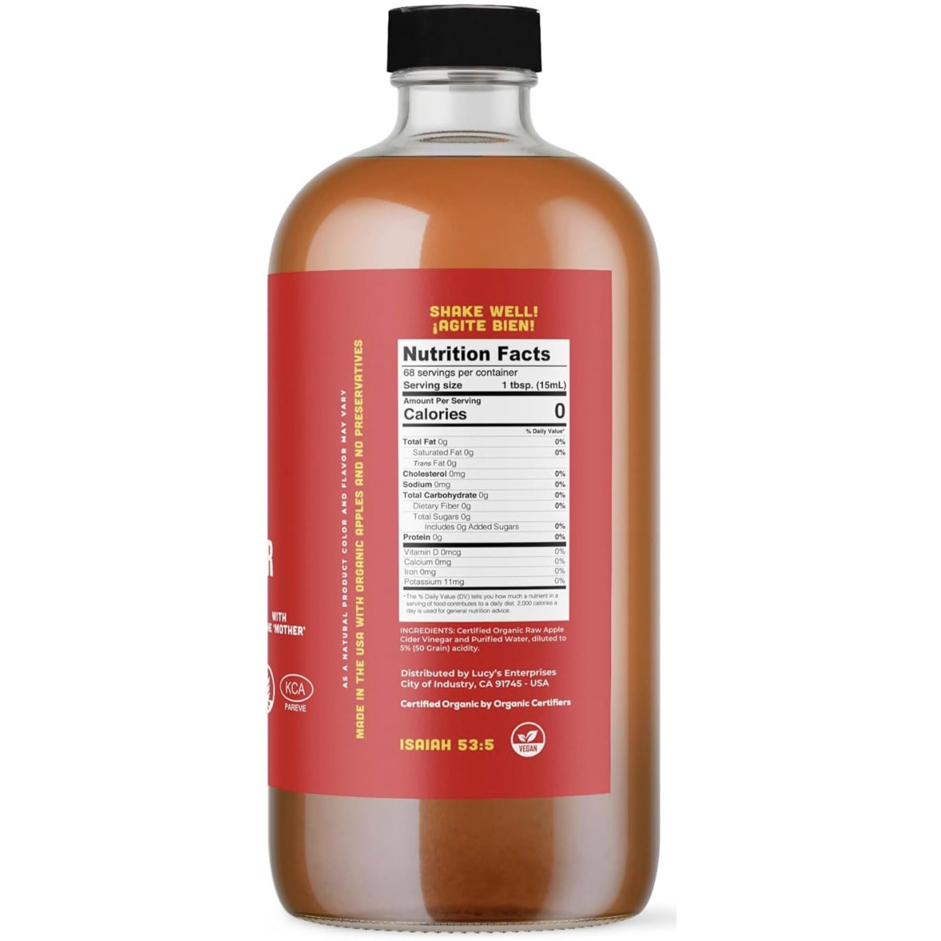 Lucy's Family Owned - Usda Organic Nongmo Raw Apple Cider Vinegar, Unfiltered, Unpasteurized, With The Mother, 34Oz Glass Bottle