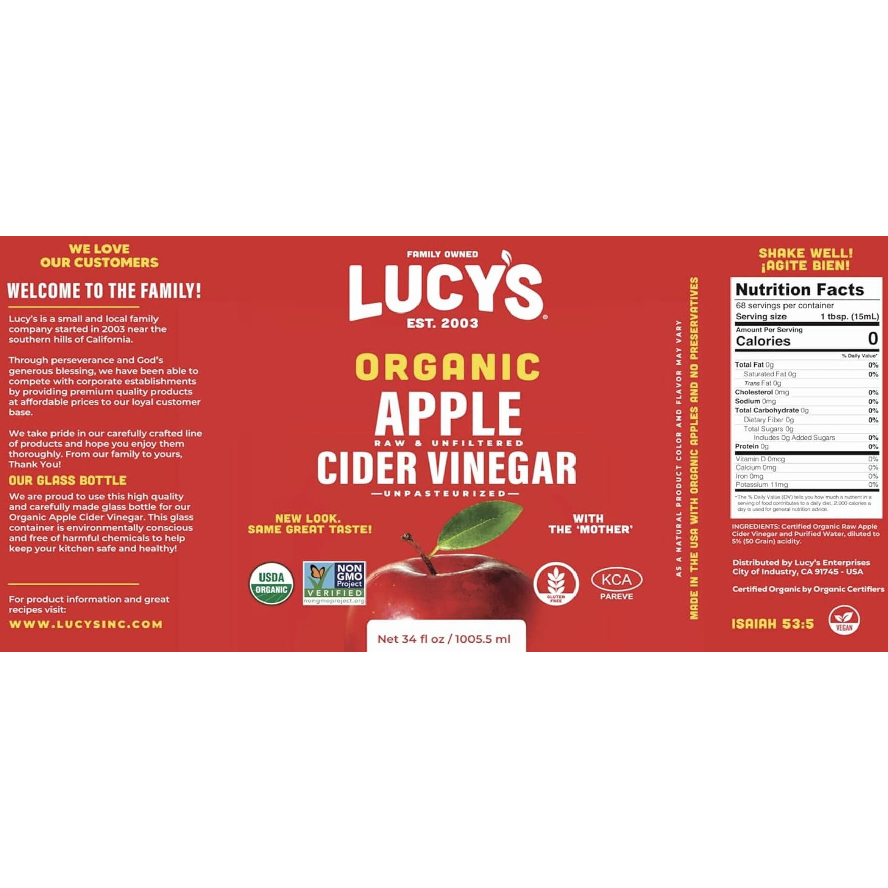 Lucy's Family Owned - Usda Organic Nongmo Raw Apple Cider Vinegar, Unfiltered, Unpasteurized, With The Mother, 34Oz Glass Bottle