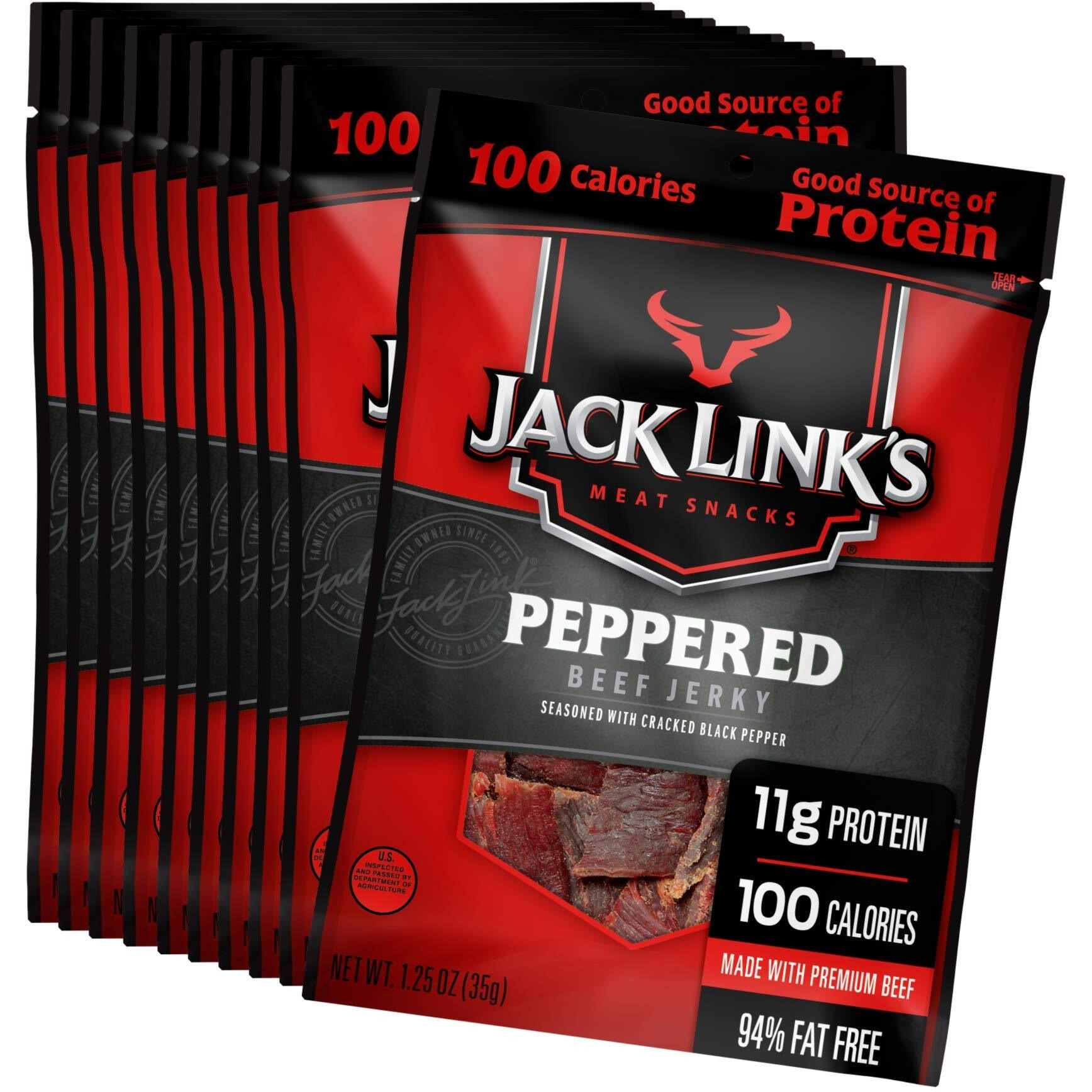 Jack Links Beef Jerky, Peppered, 1.25 Oz. Bags, 10 Count - Flavorful Meat Snack For Lunches, 11G Of Protein And 100 Calories, Made With 100% Beef - 94% Fat Free, No Added Msg Or Nitrates/Nitrites