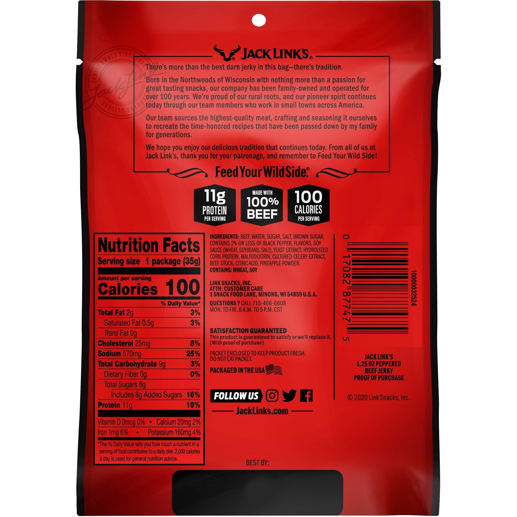 Jack Links Beef Jerky, Peppered, 1.25 Oz. Bags, 10 Count - Flavorful Meat Snack For Lunches, 11G Of Protein And 100 Calories, Made With 100% Beef - 94% Fat Free, No Added Msg Or Nitrates/Nitrites