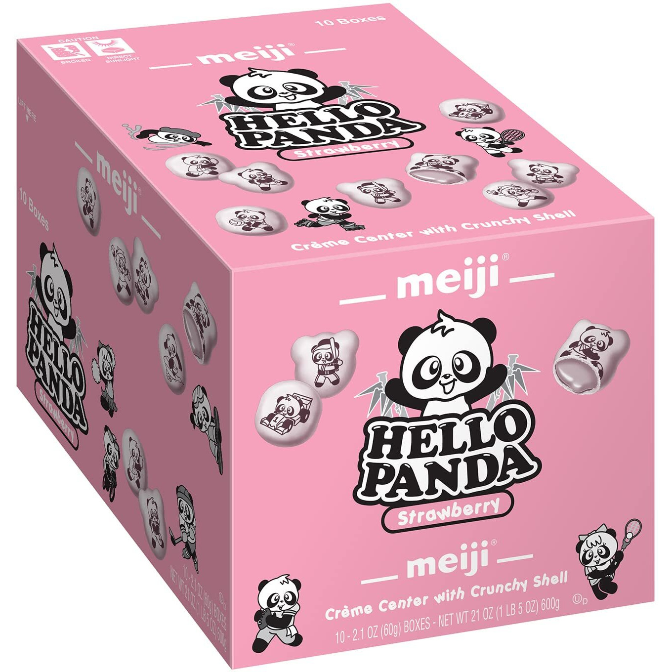 Meiji Hello Panda Cookies, Strawberry Crme Filled - 2.1 Oz, Pack Of 10 - Bite Sized Cookies With Fun Panda Sports