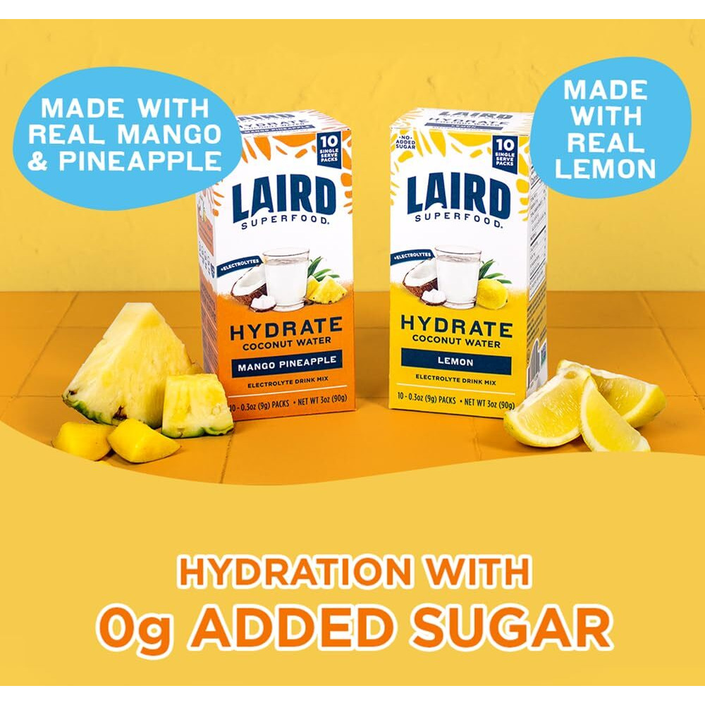 Laird Superfood Hydrate Coconut Water - Electrolyte Drink Mix - Mango Pineapple, 10 Single Serve Sticks - 0G Added Sugar - No Artificial Ingredients - On-The-Go Hydration