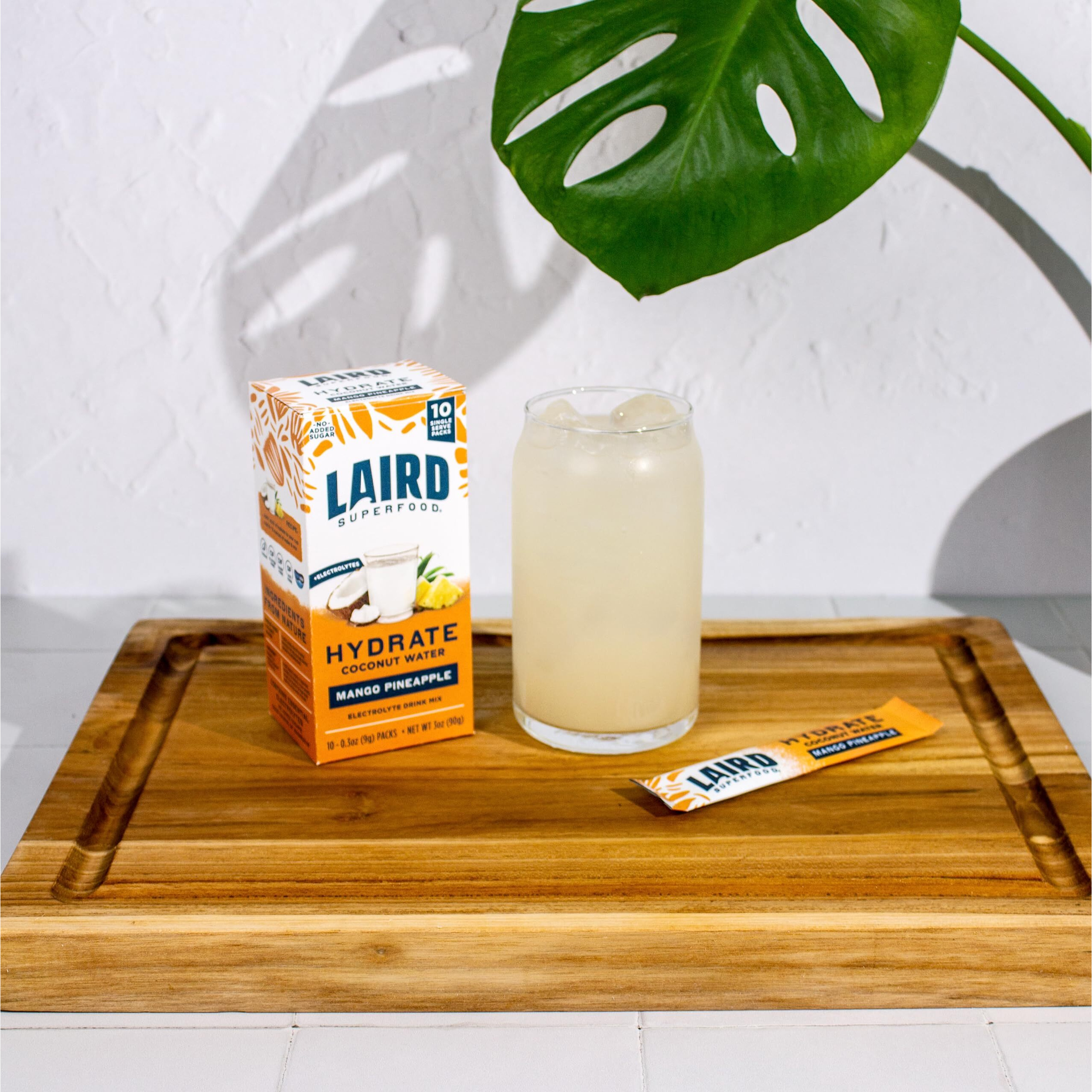 Laird Superfood Hydrate Coconut Water - Electrolyte Drink Mix - Mango Pineapple, 10 Single Serve Sticks - 0G Added Sugar - No Artificial Ingredients - On-The-Go Hydration