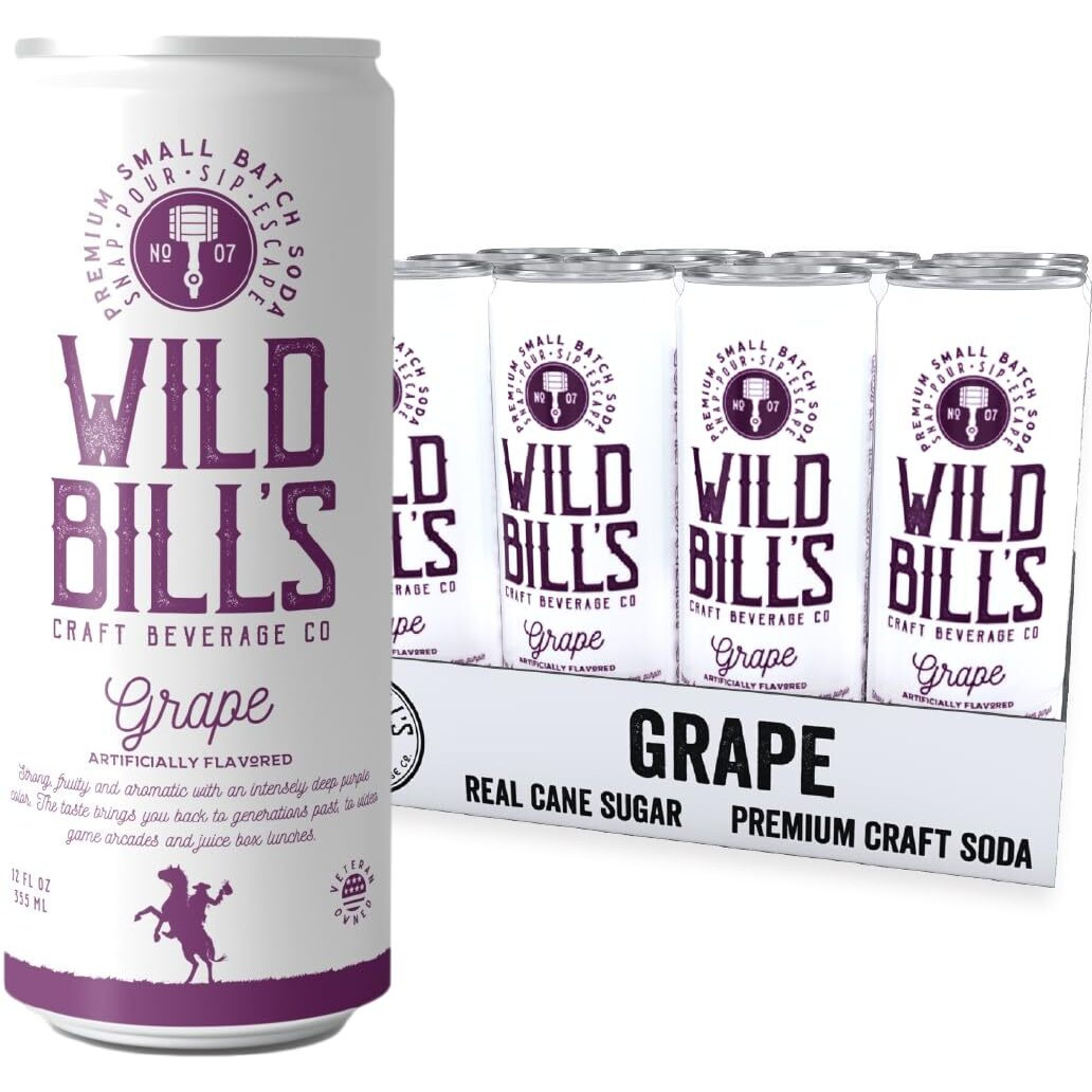 Wild Bill's Grape Soda Classic Craft Soda Pop Soft Drinks, Sodas Made With Pure Cane Sugar, Caffeine Free, No High Fructose Corn Syrup, Gluten Free, Vegan, Low Sodium, 12 Oz 12 Pack