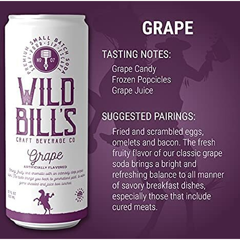 Wild Bill's Grape Soda Classic Craft Soda Pop Soft Drinks, Sodas Made With Pure Cane Sugar, Caffeine Free, No High Fructose Corn Syrup, Gluten Free, Vegan, Low Sodium, 12 Oz 12 Pack