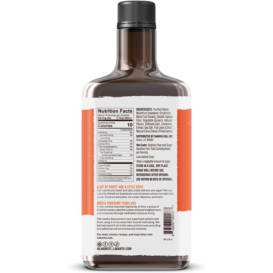 Lakanto Sugar Free Cinnamon Maple Syrup - Monk Fruit Sweetener, Keto Diet Friendly, Vegan, 1G Net Carbs, Pancakes, Waffles, Oatmeal, Coffee, Tea, Granola, Frosting, Marinade (13 Fl Oz - Pack Of 1)