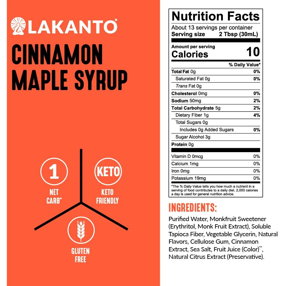 Lakanto Sugar Free Cinnamon Maple Syrup - Monk Fruit Sweetener, Keto Diet Friendly, Vegan, 1G Net Carbs, Pancakes, Waffles, Oatmeal, Coffee, Tea, Granola, Frosting, Marinade (13 Fl Oz - Pack Of 1)