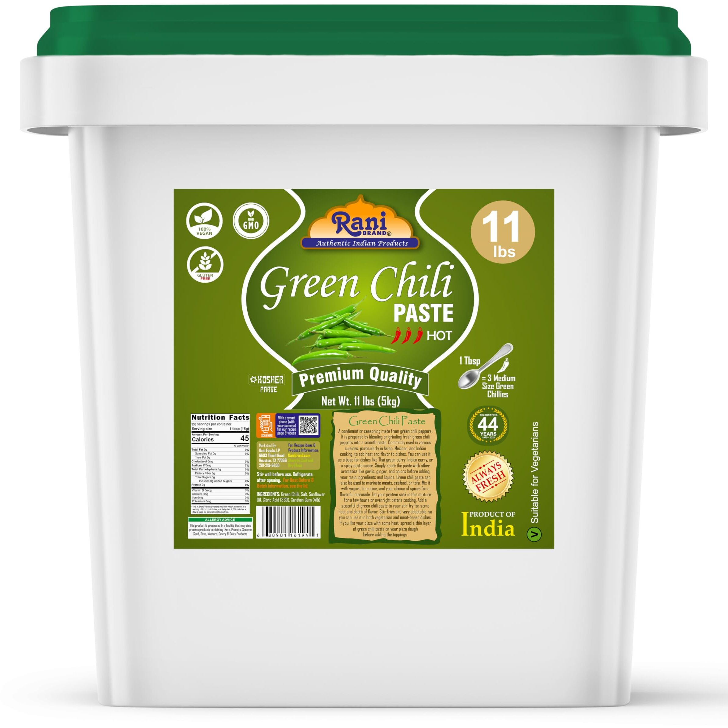 Rani Green Chilli Cooking Paste 176Oz (11Lbs) 5Kg Bulk ~ Vegan | Gluten Free | Non-Gmo | Kosher | No Colors | Indian Origin